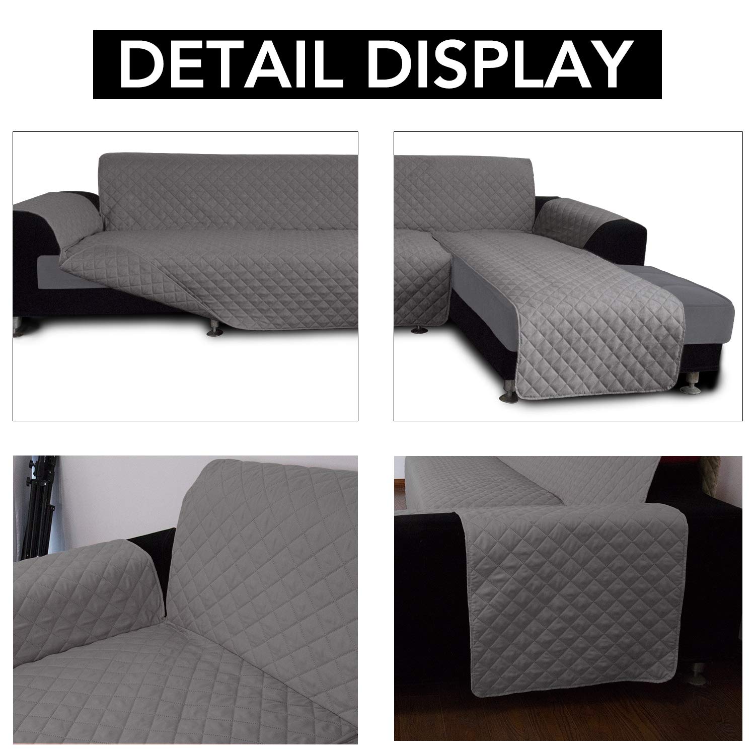 Reversible L-Shaped Sofa Slipcover - Large Gray Sectional Couch Cover with Chaise Lounge | Pet & Kid Friendly Furniture Protector | Perfect for Living Room, Family Room & Home Theater Use
