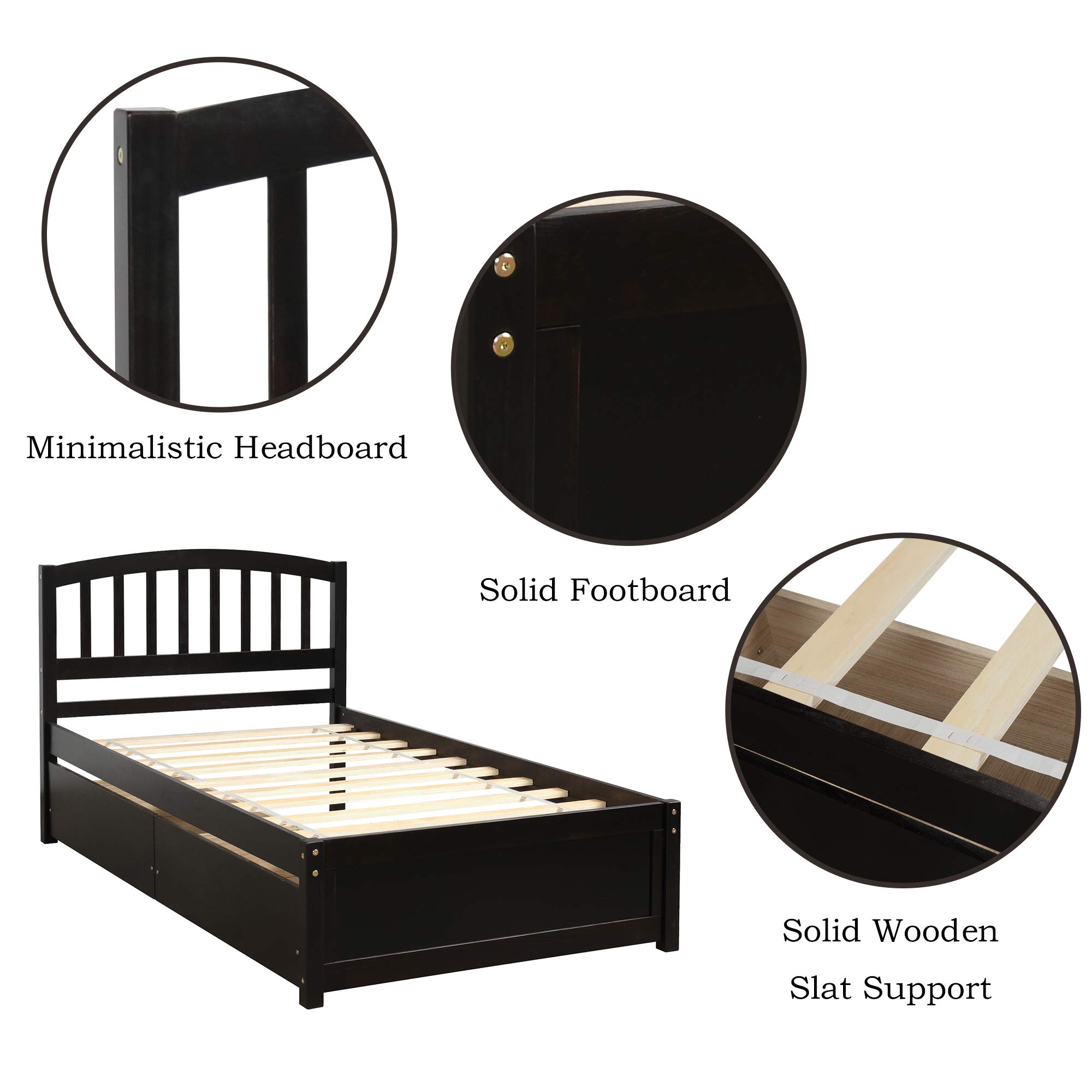 Merax Twin Size Solid Wood Platform Bed Frame with 2 Storage Drawers & Headboard - Espresso Finish | Perfect for Small Bedrooms, Guest Rooms & Kids' Rooms