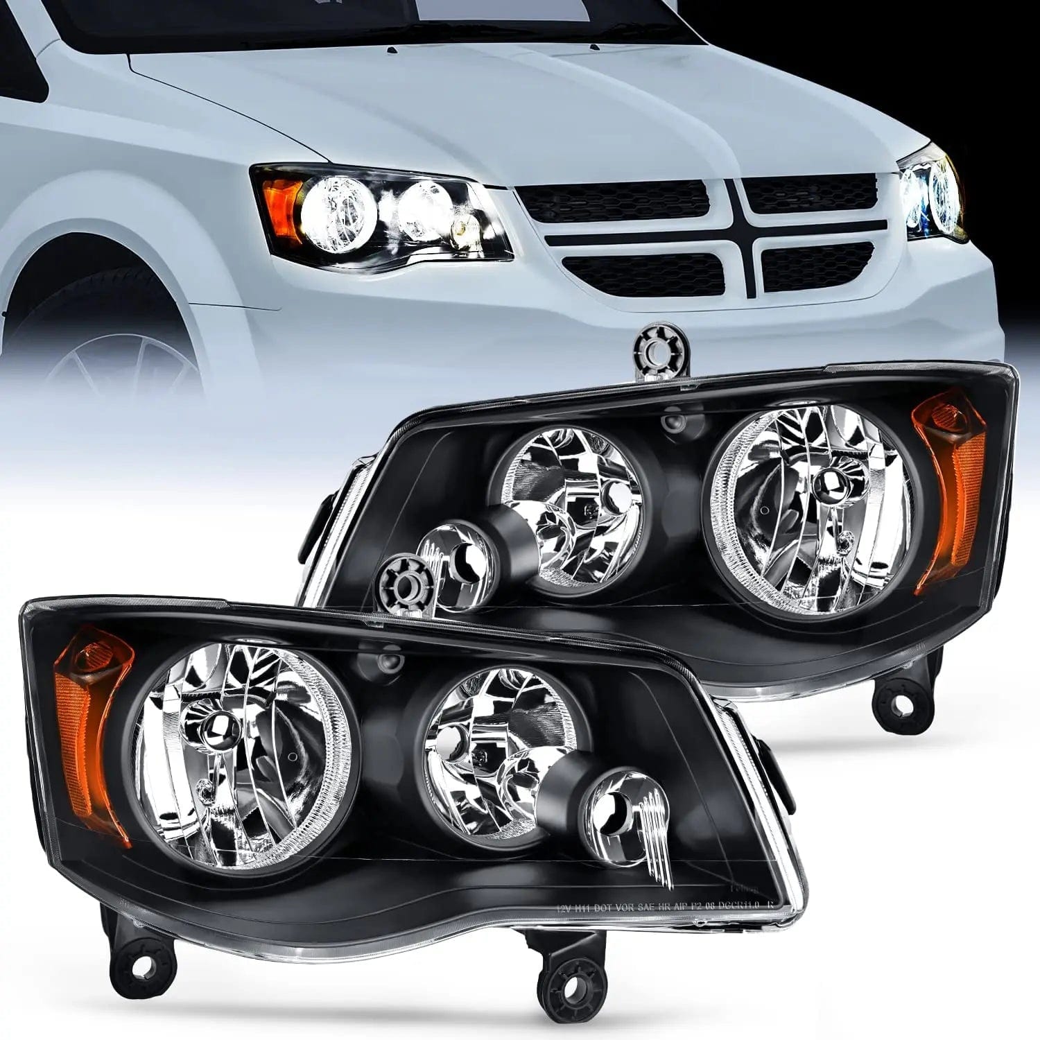 2011-2019 Dodge Grand Caravan & 2008-2010 Chrysler Town Country Headlight Assembly - Black Case with Amber Reflector - Replacement Headlights for Improved Night Driving Safety