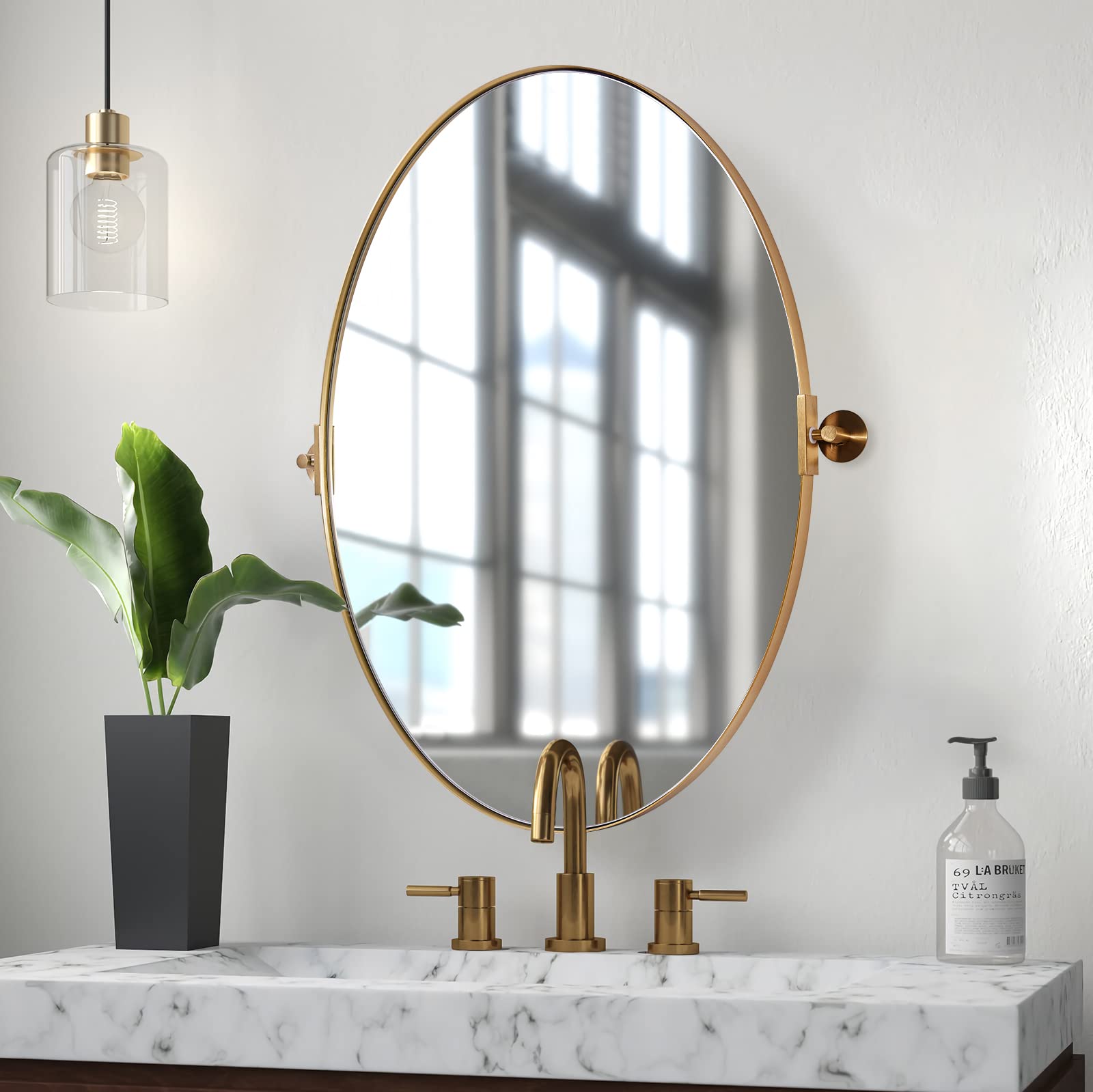 ANDY STAR Gold Oval Mirror - Brushed Stainless Steel Tilting Wall Mirror for Bathroom Vanity, Vertical or Horizontal Hanging - Perfect for Makeup, Shaving & Home Decor
