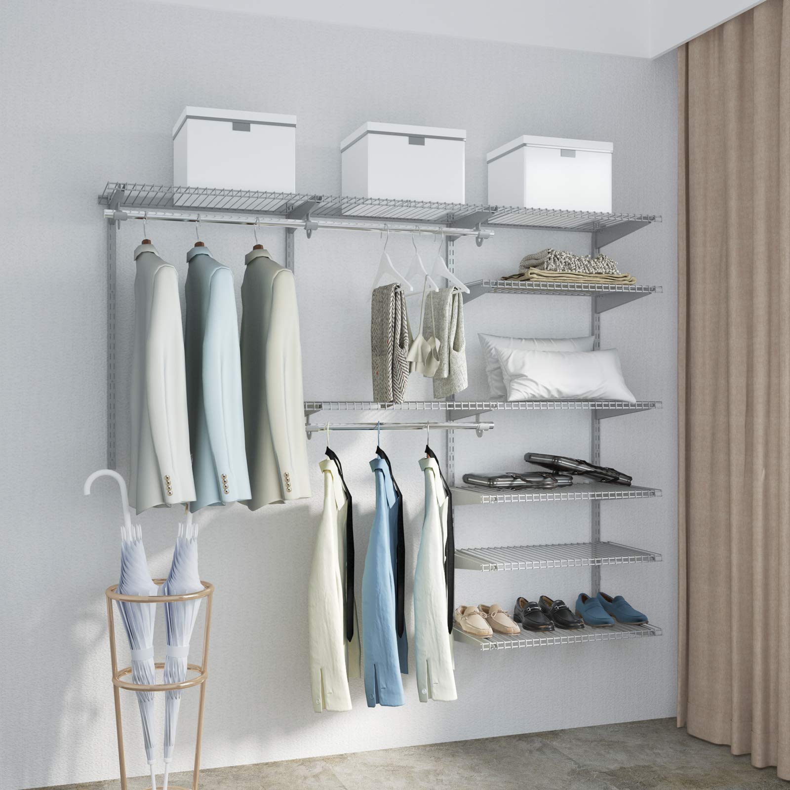 Tangkula 4-6 FT Adjustable Closet Organizer System Kit - Wall Mounted Storage with Wire Shelves & Hanging Rods - Custom Closet Solutions for Bedroom, Walk-in Closet & Small Space Organization