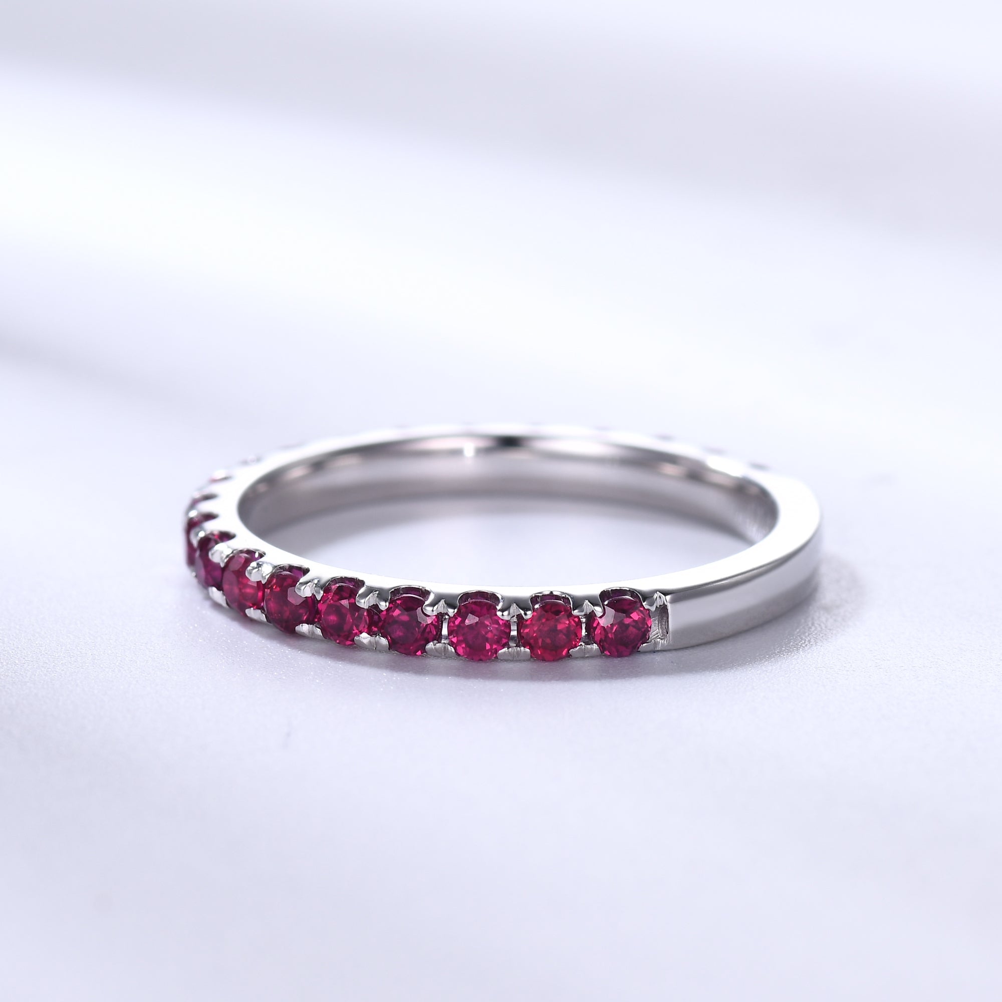 Natural Ruby Wedding Ring for Women - 3/4 Eternity Band in 14K White Gold with Micro Pave Setting (2mm Width) | Perfect for Engagement, Anniversary & Romantic Gifts