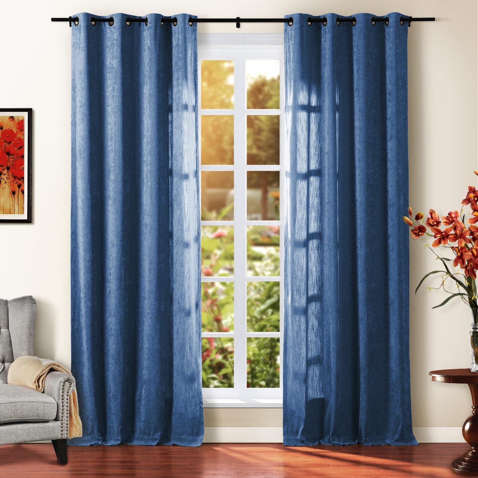 Navy Chenille Blackout Curtains 90 Inches Long - Thermal Insulated Room Darkening Window Drapes with Grommet Top for Bedroom Privacy, 1 Panel - Perfect for Home Theater, Nursery & Light-Sensitive Sleepers