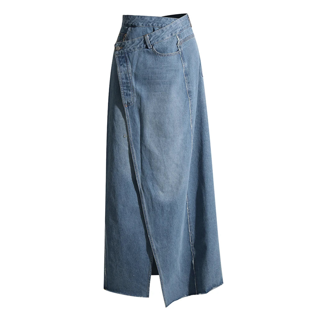 Women's High Waist Asymmetrical Denim Skirt with Pockets - Casual Loose Split Design for Everyday Wear, Street Style & Summer Outfits