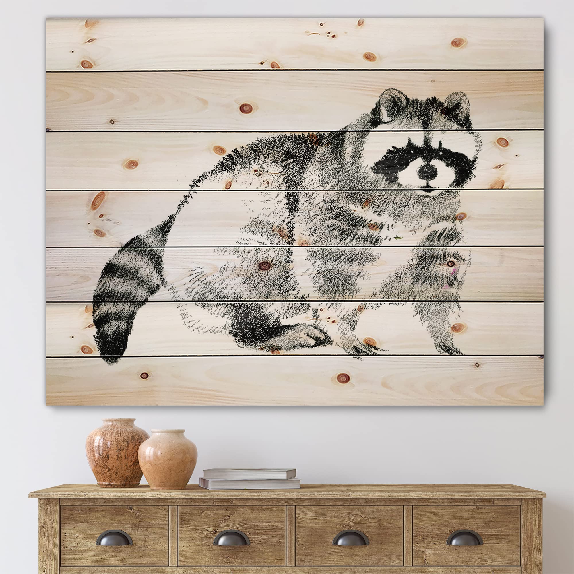 DesignQ Monochrome Raccoon Portrait - Farmhouse Wood Wall Decor, Grey Animal Wall Art, Large Pine Wood Wall Panel - Perfect for Living Room, Bedroom & Home Office Decor