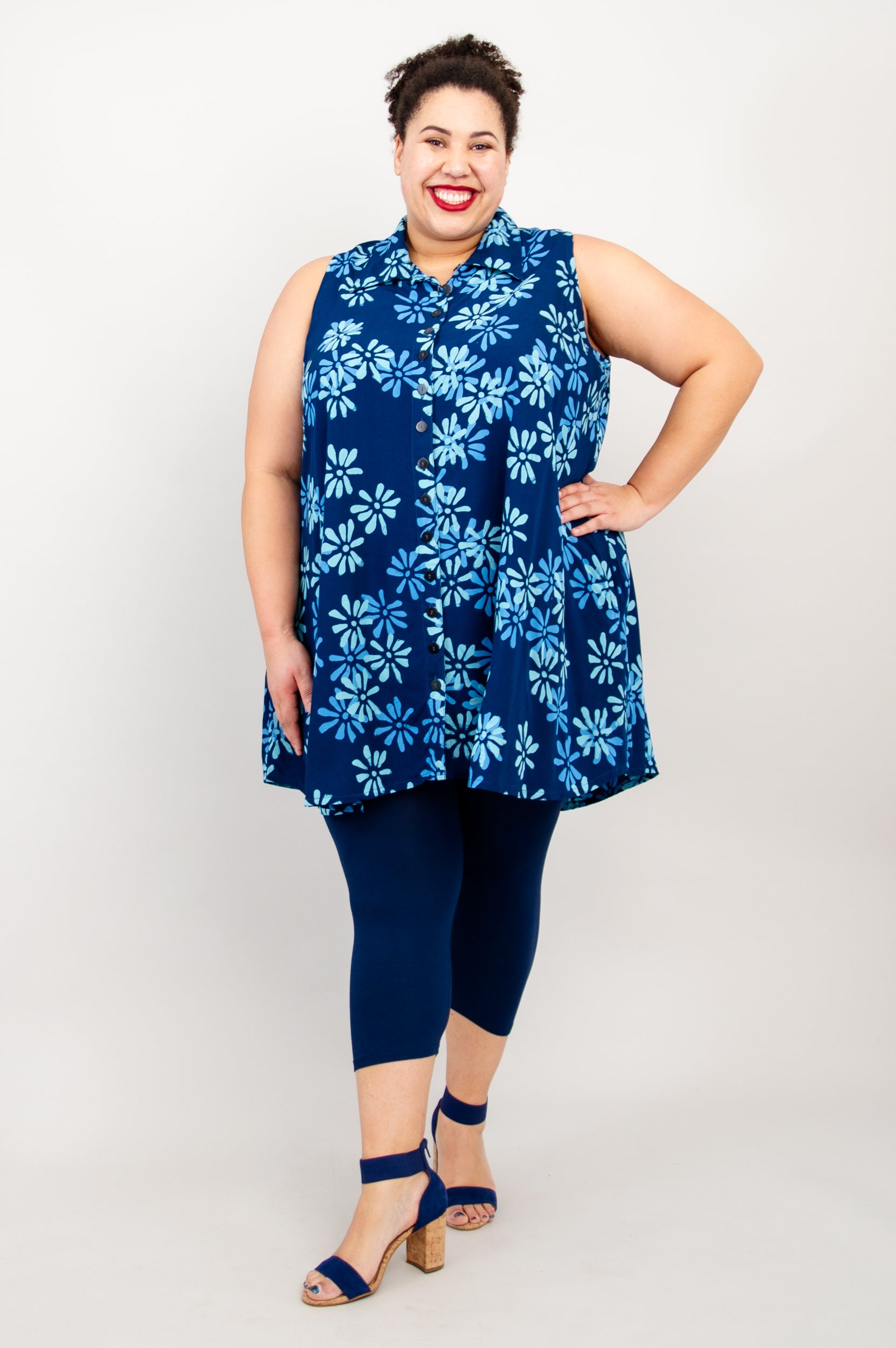 Cissy Tank Top for Women - Daisy Cobalt Blue Floral Print Summer Casual Shirt | Perfect for Beach Outings, Yoga, and Everyday Wear