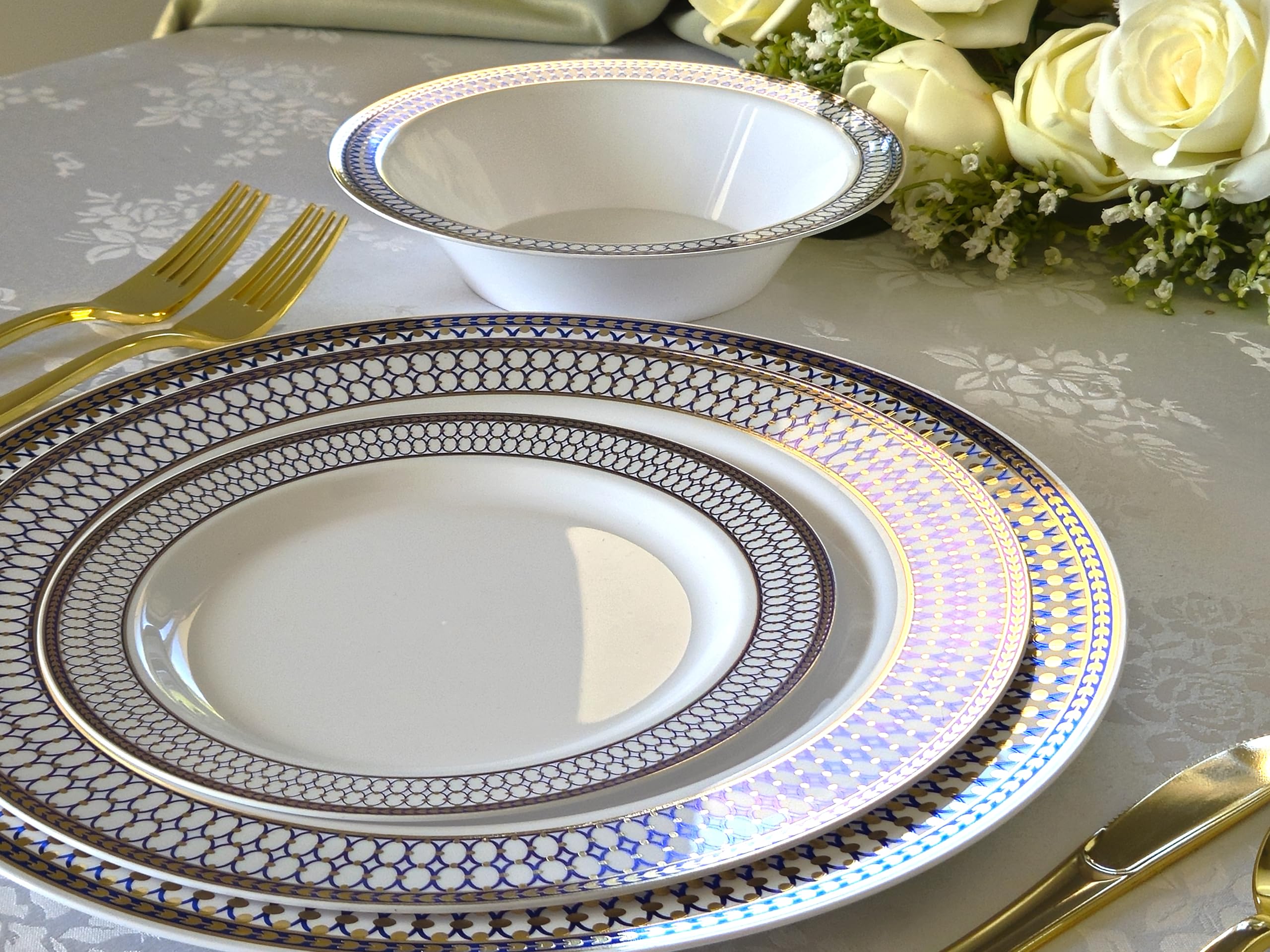 40-Piece Heavyweight Disposable Plastic Plates Set - 14oz Soup Bowls for Wedding, Party & Events (White/Blue/Gold) - Elegant Dinnerware for Catering, Picnics & Special Occasions
