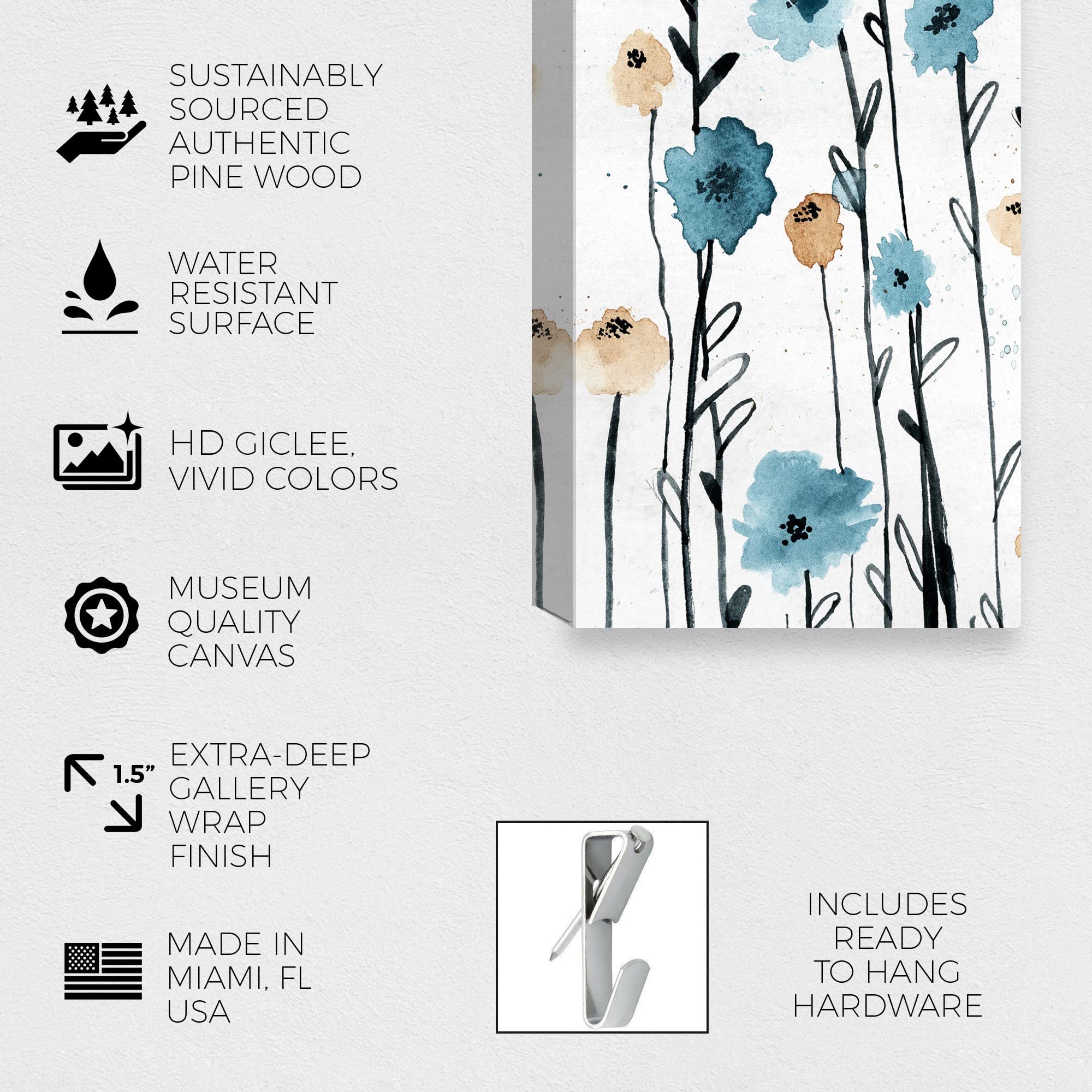 Oliver Gal Blue Flower Garden Three-Piece Canvas Wall Art Set - Blue & White 3 Panel Botanical Home Décor | Ready to Hang Living Room, Bedroom & Office Wall Decor