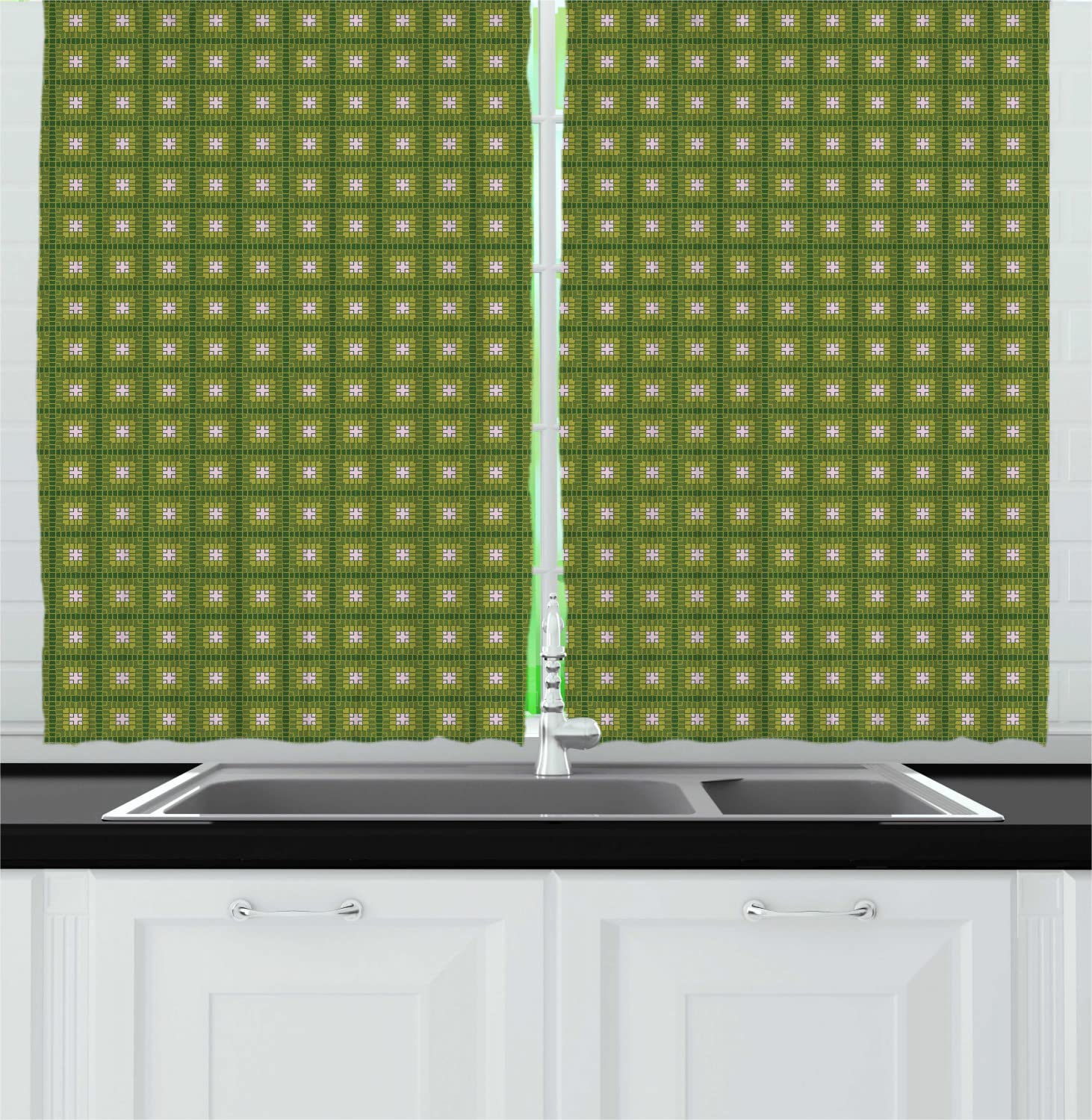 Ambesonne Oriental Long Kitchen Curtains - Abstract Mosaic Art Design with Middle Eastern Ethnic Patterns, 2 Panel Rod Pocket Drapes for Windows, 55