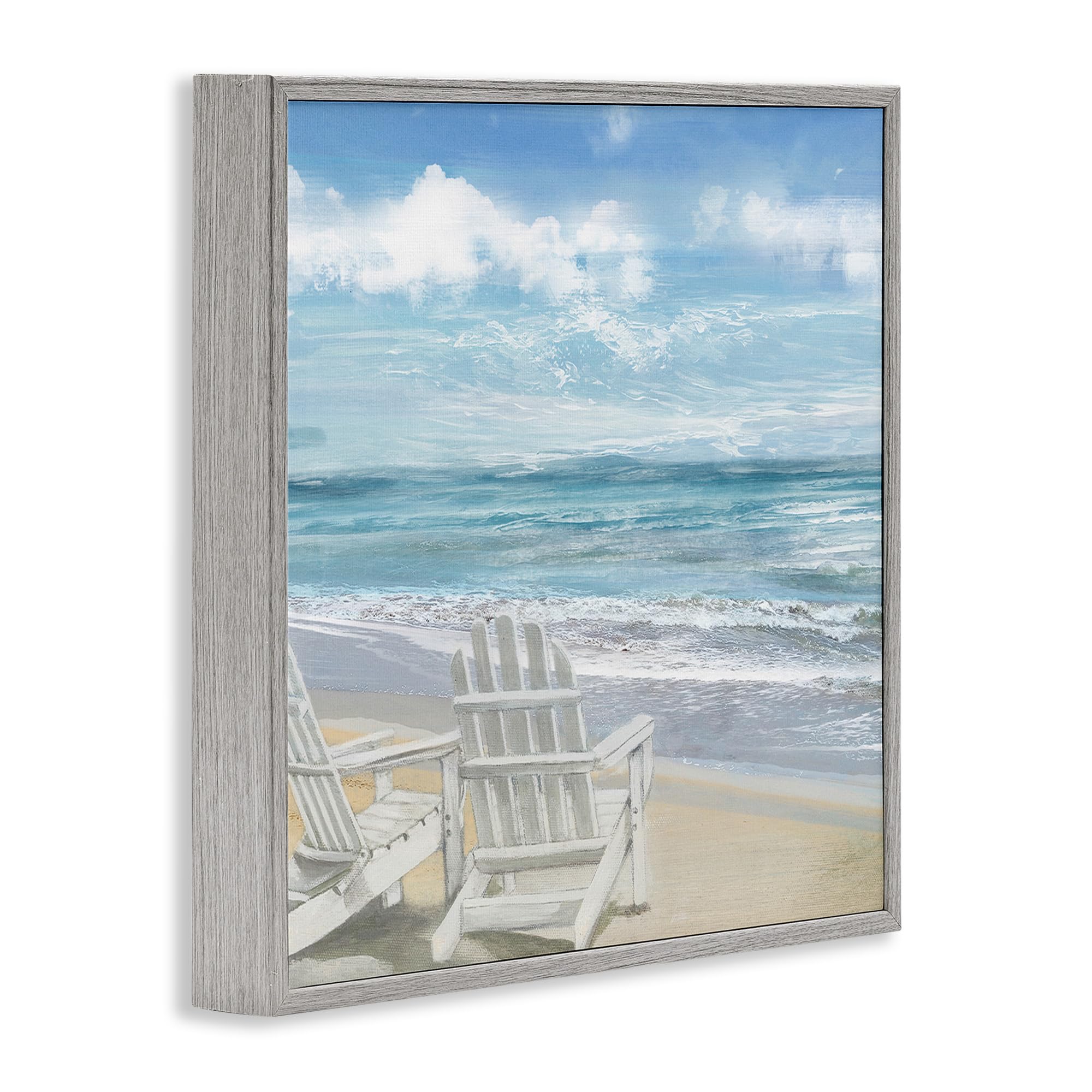 Stupell Industries White Adirondack Chairs Beach Painting - 17x17 Grey Framed Wall Art Decor for Living Room, Bedroom & Coastal Home