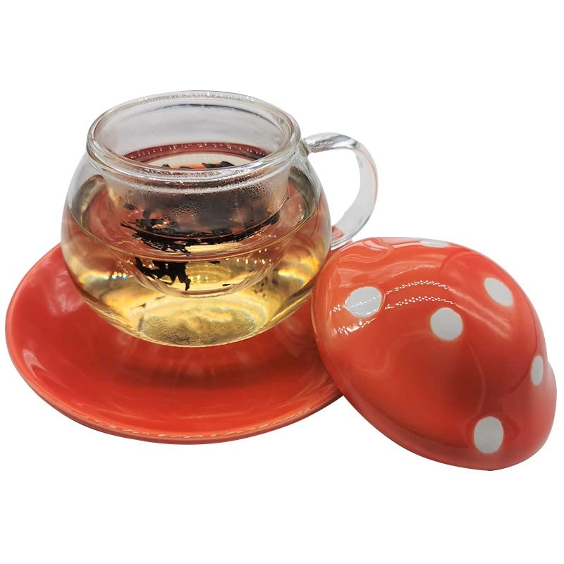 Cute Mushroom Glass Tea Mug Set with Strainer Filter Infuser - 290ML Orange Milk Coffee Tea Cup & Teapot - Perfect for Home, Office, and Gift Giving