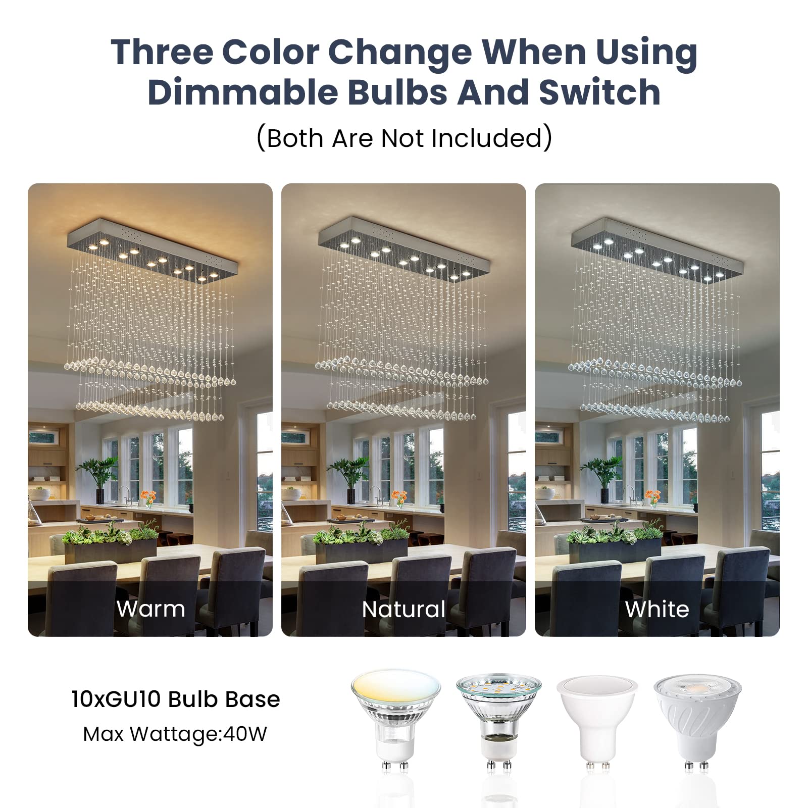 Moooni Modern Rectangular Crystal Chandelier - 10-Light Raindrop Pendant Ceiling Light Fixture for Dining Room, Foyer, Kitchen (47