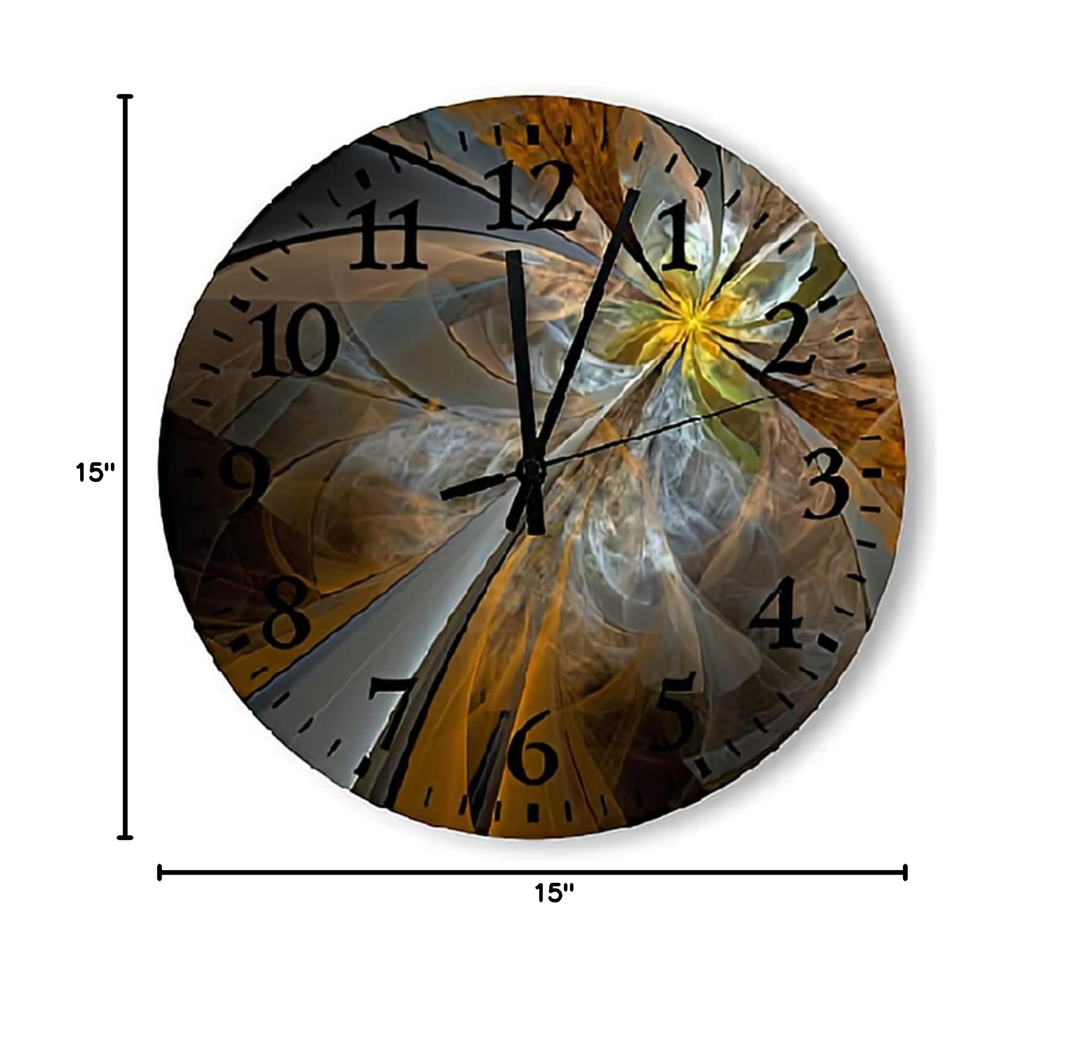 Symmetrical Yellow Fractal Flower Wall Clock - 15 Inch Silent Round Wooden Battery Operated Wall Decor for Bedroom, Living Room & Office - Modern Decorative Hanging Clock with No Ticking Sound