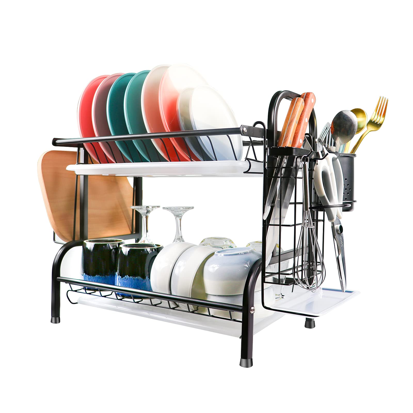 2-Tier Stainless Steel Dish Drying Rack with Utensil Holder & Cutting Board Storage - 16