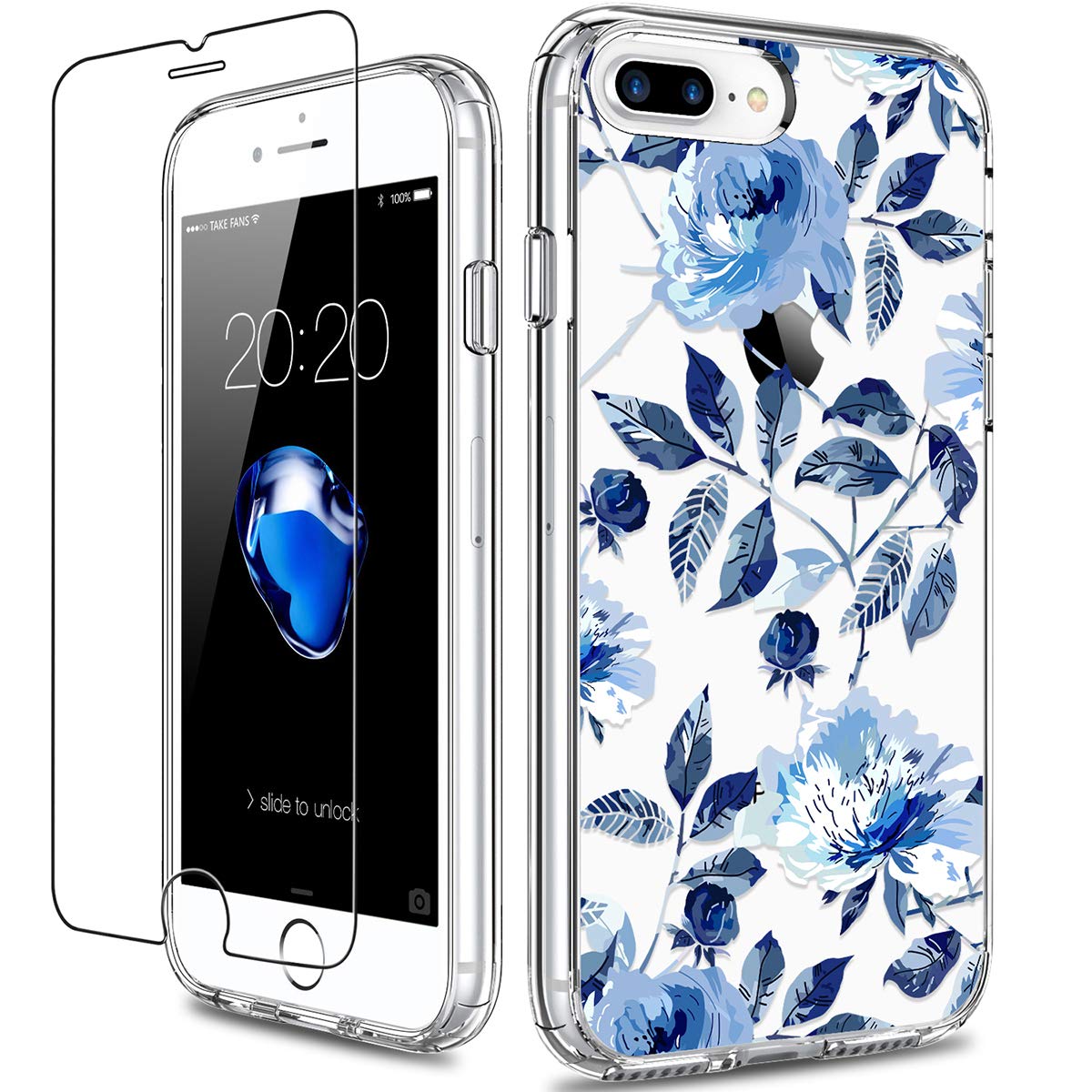 GiiKa Heavy Duty Clear Floral Phone Case for iPhone 8 Plus/7 Plus with Screen Protector | Shockproof TPU Bumper Cover | Stylish Blue Flower Design for Women & Girls | Perfect for Everyday Protection & Fashion Accessory