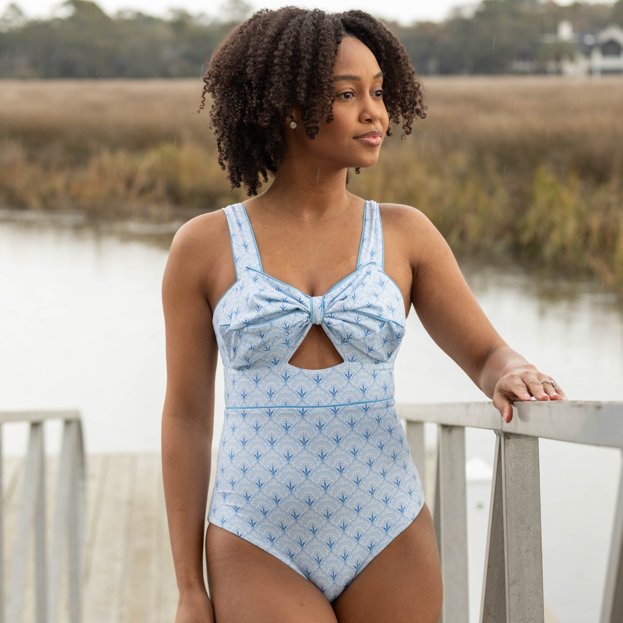 Brooke Bow One Piece Swimsuit in Bermuda Blues - Women's Stylish Bathing Suit for Beach, Pool & Summer Vacations