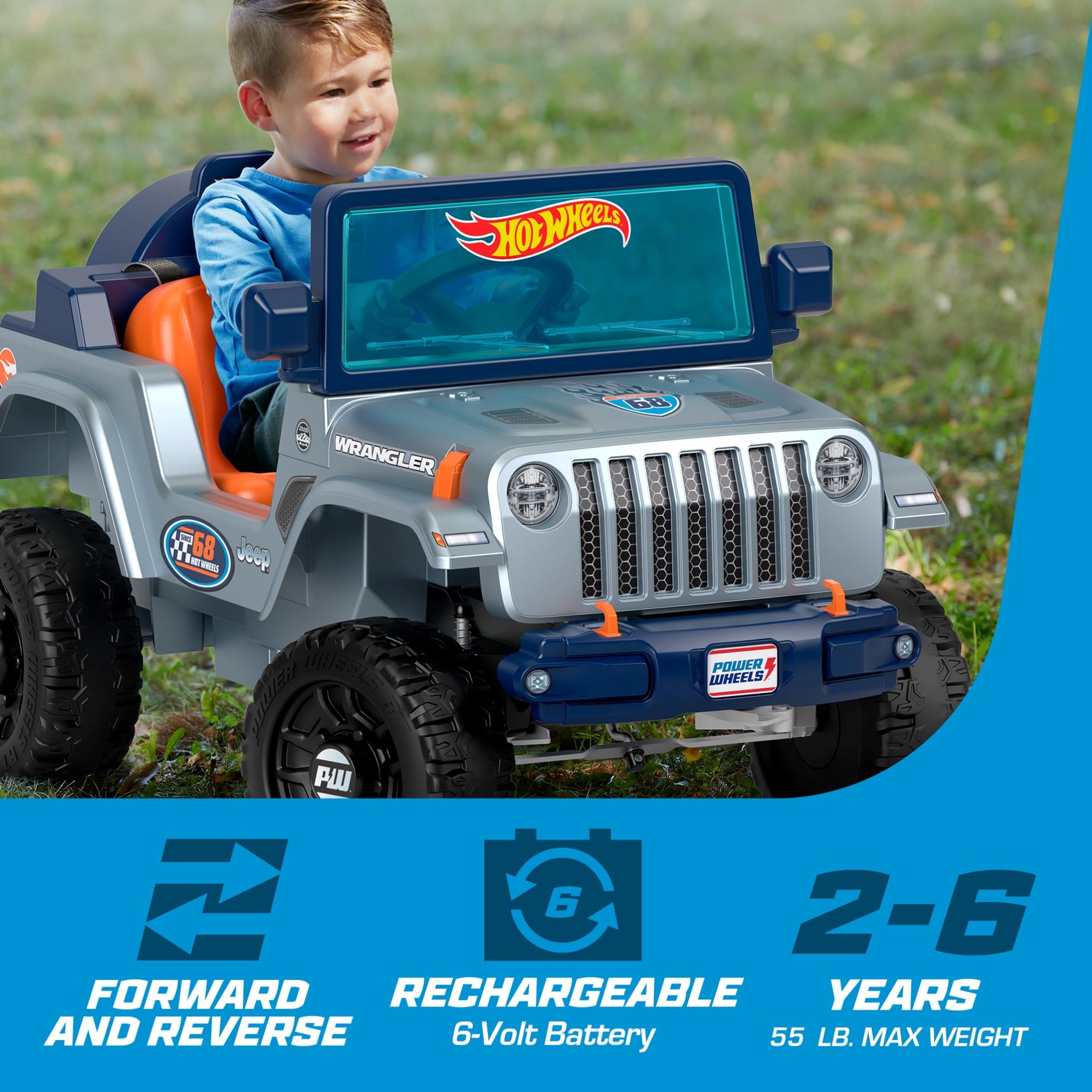 Power Wheels Hot Wheels Jeep Wrangler Ride-On Toy for Toddlers - 12V Battery-Powered, Real Driving Sounds & Multi-Terrain Traction, Single Seat for Kids Ages 2-5 Years | Outdoor Play, Backyard Fun, Birthday Gift for Boys & Girls