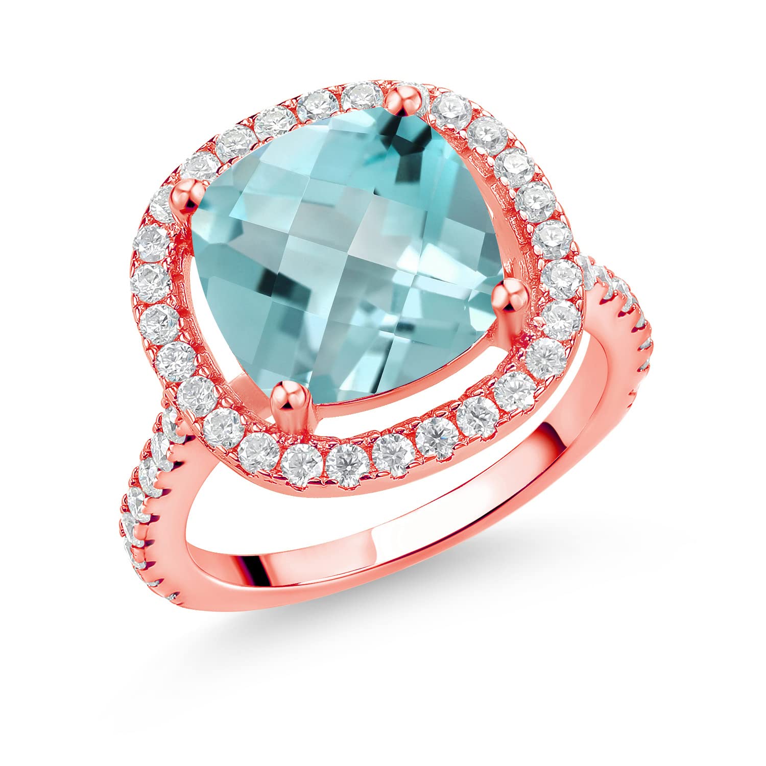 18K Rose Gold Plated Silver Ring with Cushion/Checkerboard Sky Blue Topaz and Created Moissanite (GH) 5.84 Cttw - Elegant Jewelry for Engagement, Wedding & Special Occasions