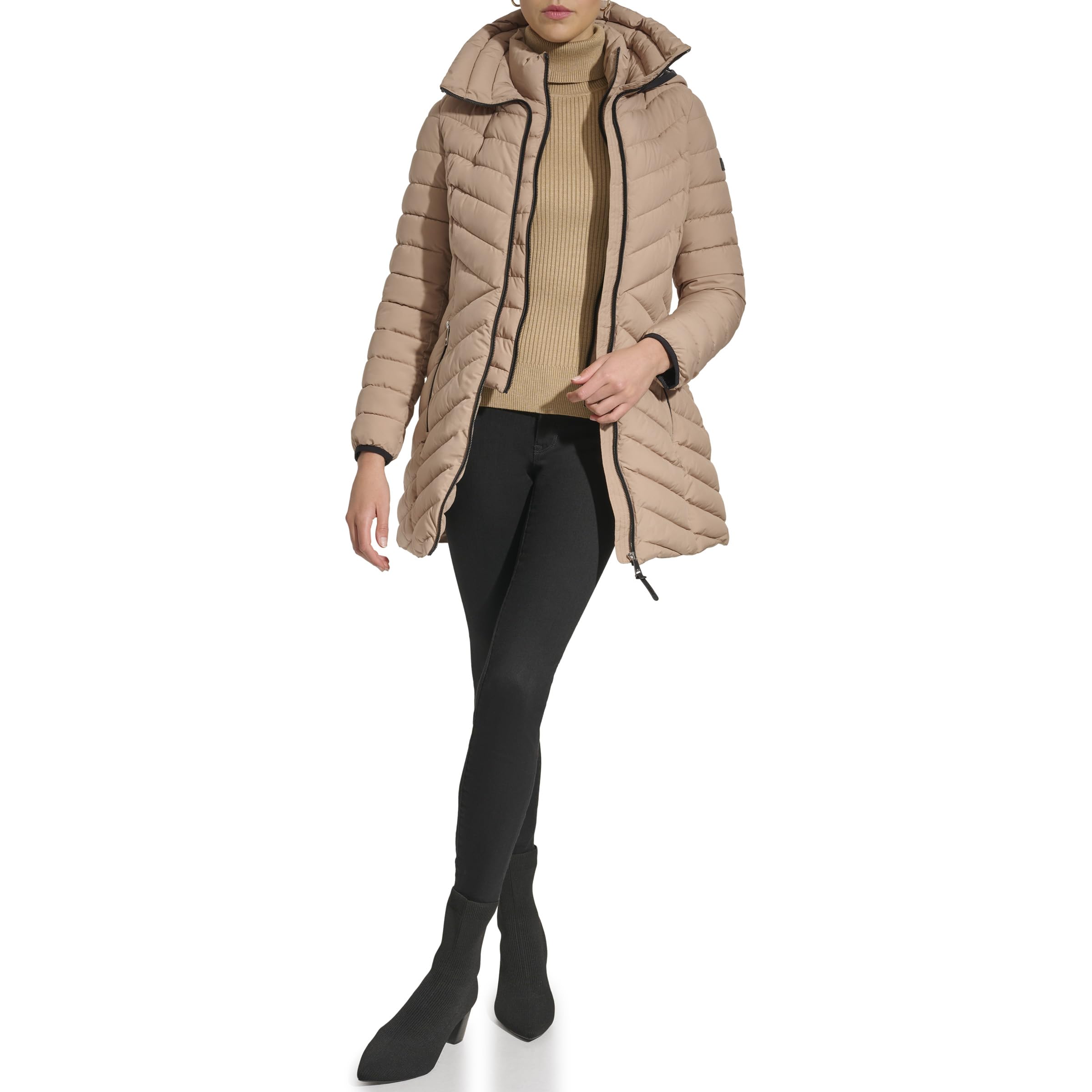DKNY Women's Lightweight Puffer Jacket with Bib-Front Design - Stylish Winter Coat for Casual Outings & Outdoor Activities