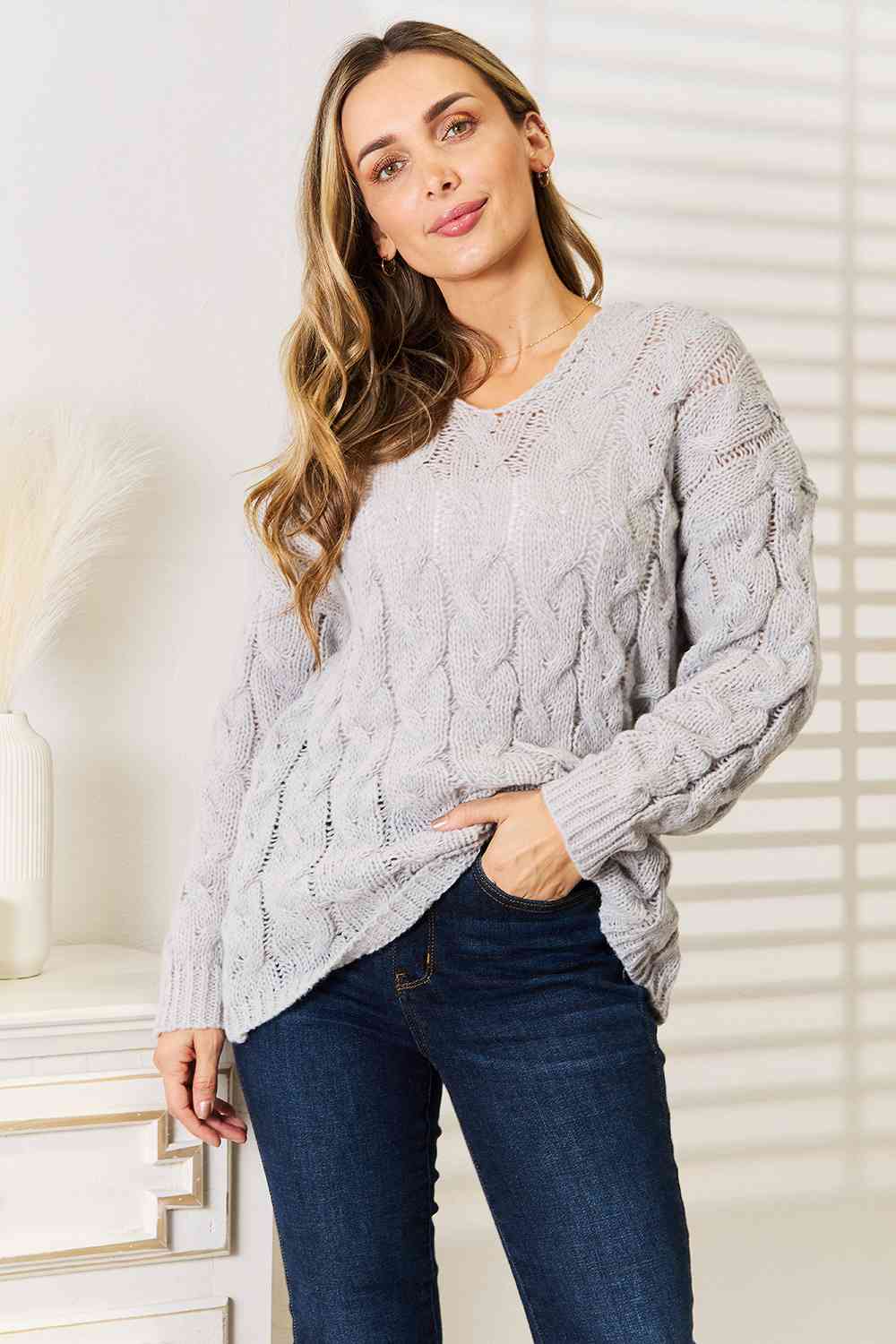 Cozy Light Gray Cable Knit Hooded Sweater for Women - Winter Warm Pullover Casual Outfit for Fall & Winter Fashion