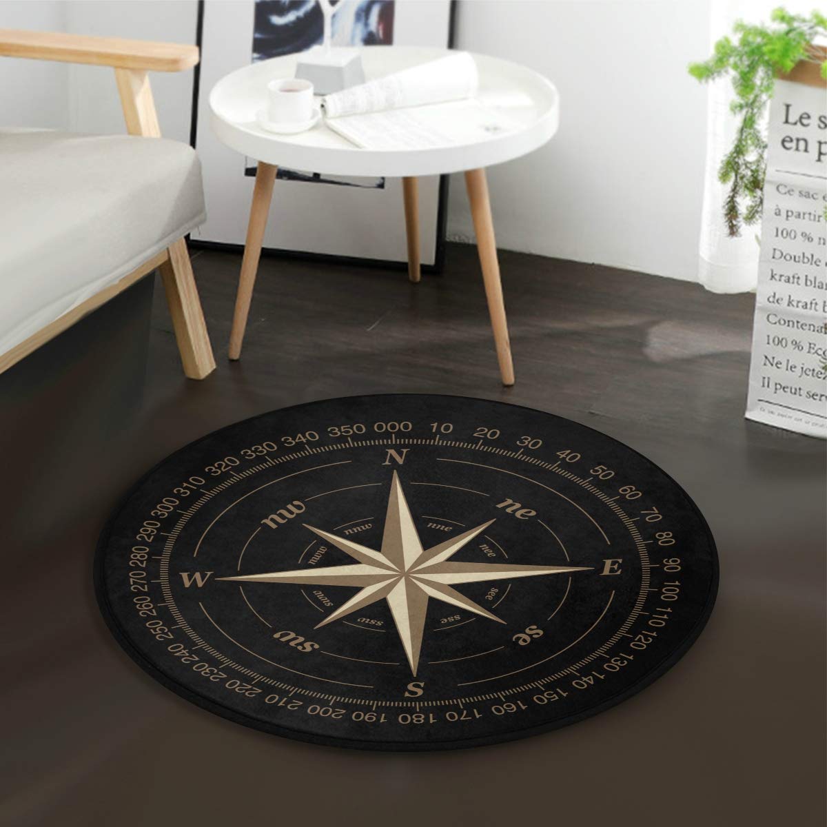ALAZA Compass Rose Black Round Area Rug 3' Diameter (92 cm) - Soft Non-Slip Floor Mat for Living Room, Bedroom, Nursery & Office Decor