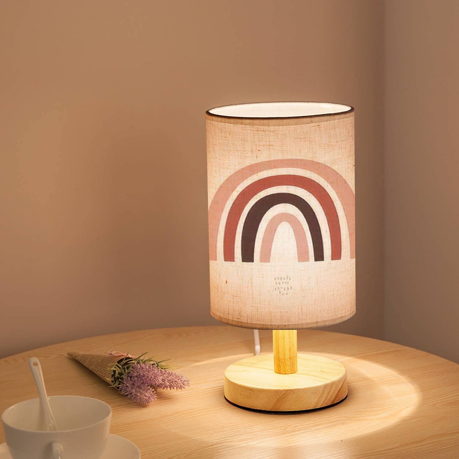 Modern Abstract Rainbow Wooden Bedside Table Lamp - Scandinavian Minimalist Nightstand Light with Geometric Flaxen Fabric Shade for Kids Room, Bedroom & Living Room - Perfect for Reading, Decor and Ambient Lighting