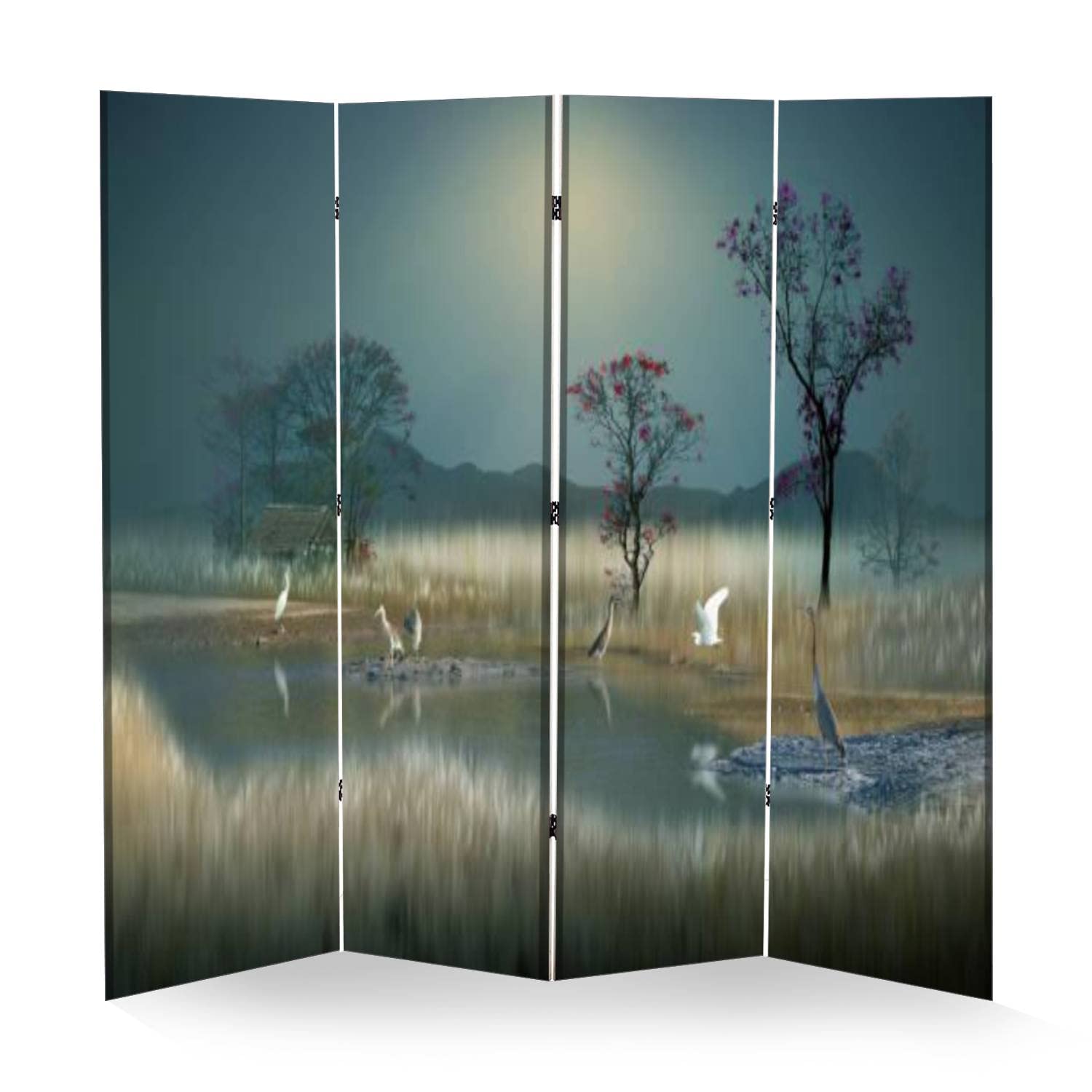 Wooden Room Divider Folding Screen - 4 Panel Canvas Privacy Partition with Dual-Sided Design for Home & Office - Creates Peaceful Atmosphere - Indoor Display Shelves - Multicolor - Perfect for Living Room, Bedroom, Yoga Studio and Meditation Space