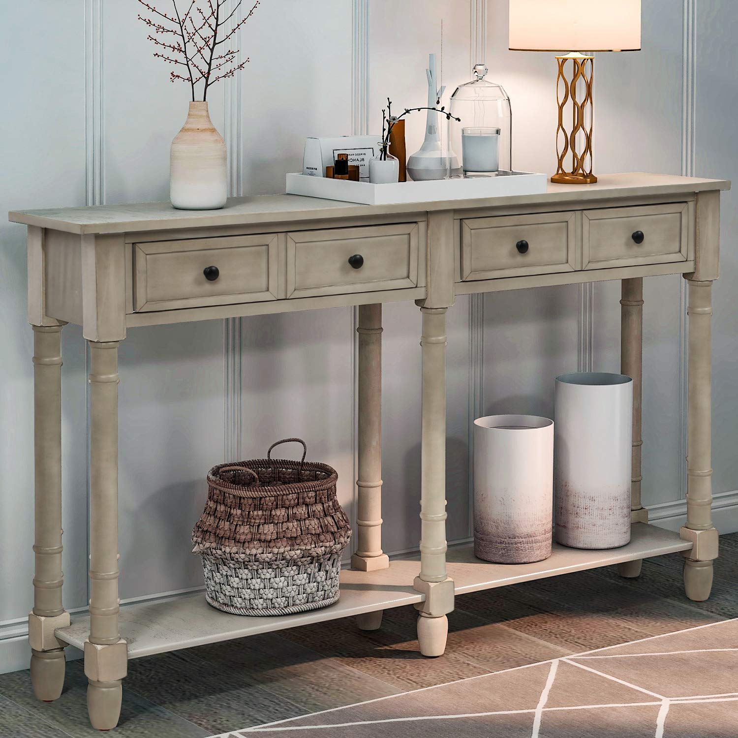 Rustic Grey Wash Console Table with 2 Storage Drawers & Bottom Shelf - Entryway Sofa Table for Living Room, Hallway & Home Decor