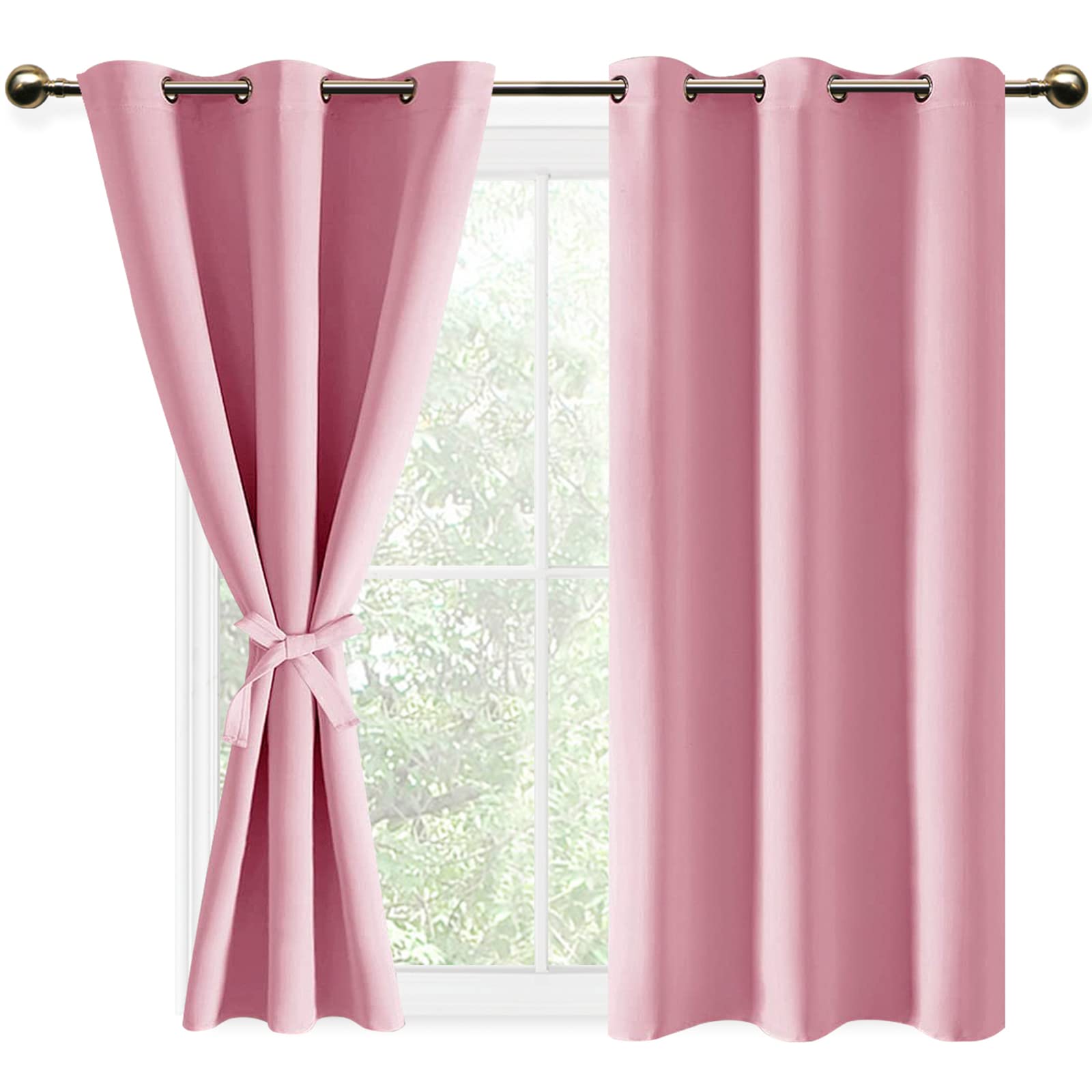 DWCN Blackout Curtains for Bedroom & Living Room - Thermal Insulated Room Darkening Window Drapes with Grommet Top & Tiebacks, 42 x 54 Inch, Pink (Set of 2 Panels) - Perfect for Night Sleep, Home Theater & Light Control