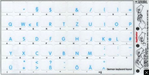 Apple German Keyboard Decals - Blue Lettering on Transparent Background for MacBook, Laptop & Desktop (Perfect for Language Learners & Bilingual Typing)