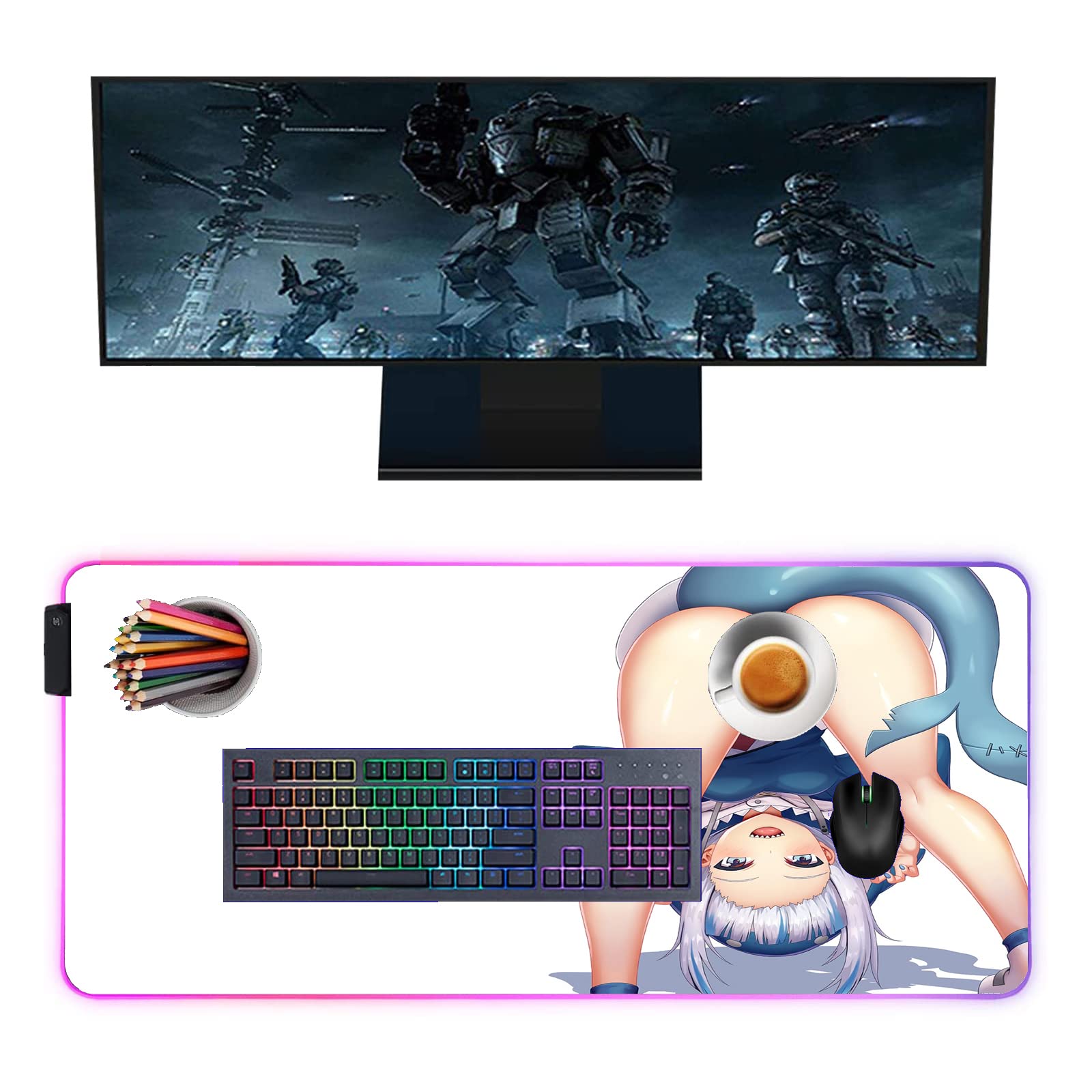 Sexy Anime Girl Gaming Mouse Pad - Large 31.49x12 Inch RGB LED Backlit Desk Mat for PC, Laptop & Notebook - Perfect for Gamers, Office Work & Home Use
