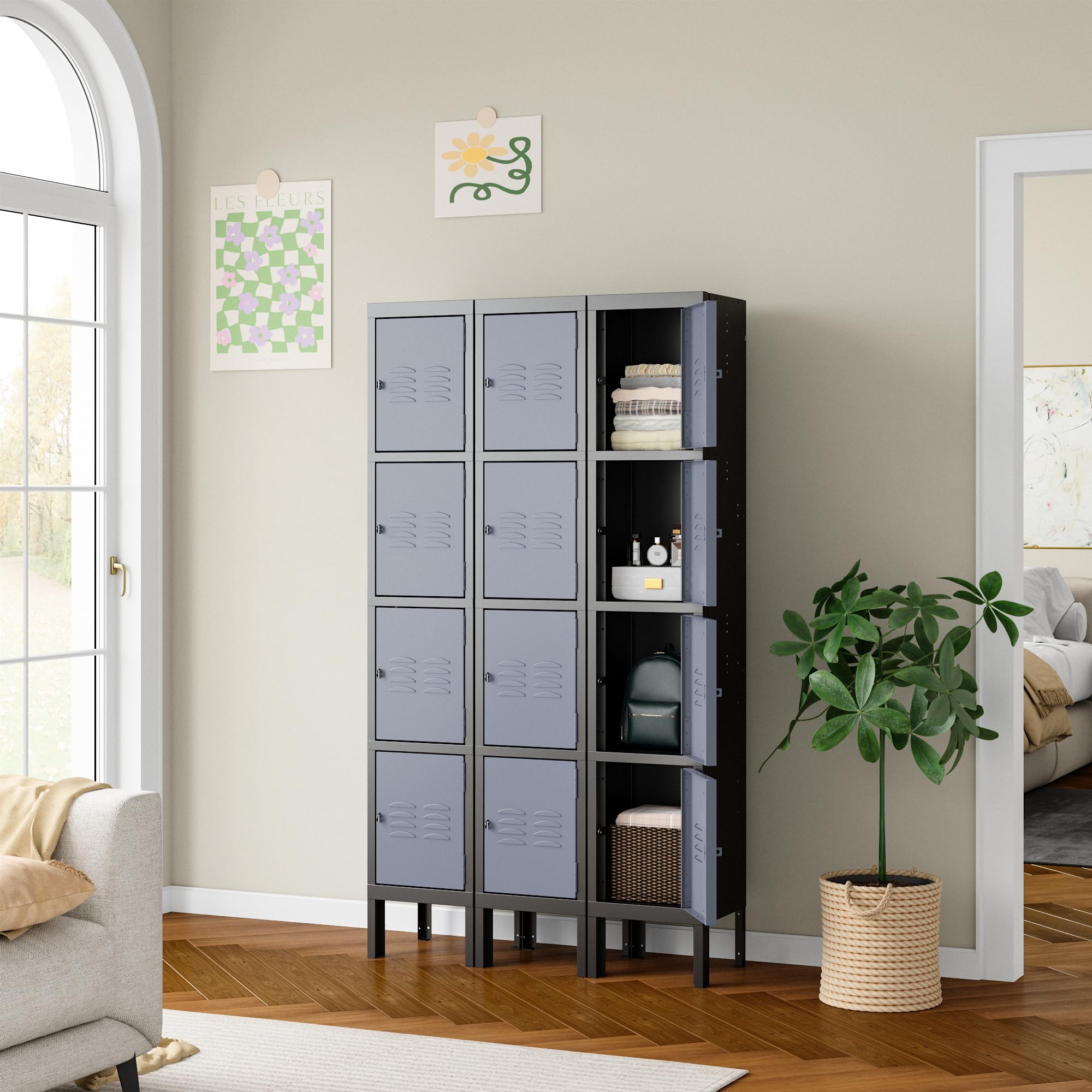 4-Door Metal Storage Locker Cabinet - Heavy Duty Steel Lockers for Home, Gym, Office, School & Garage - Easy Assembly Required (Black & Grey) - Perfect for Employee Storage, Sports Equipment Organization & Secure Valuables Protection