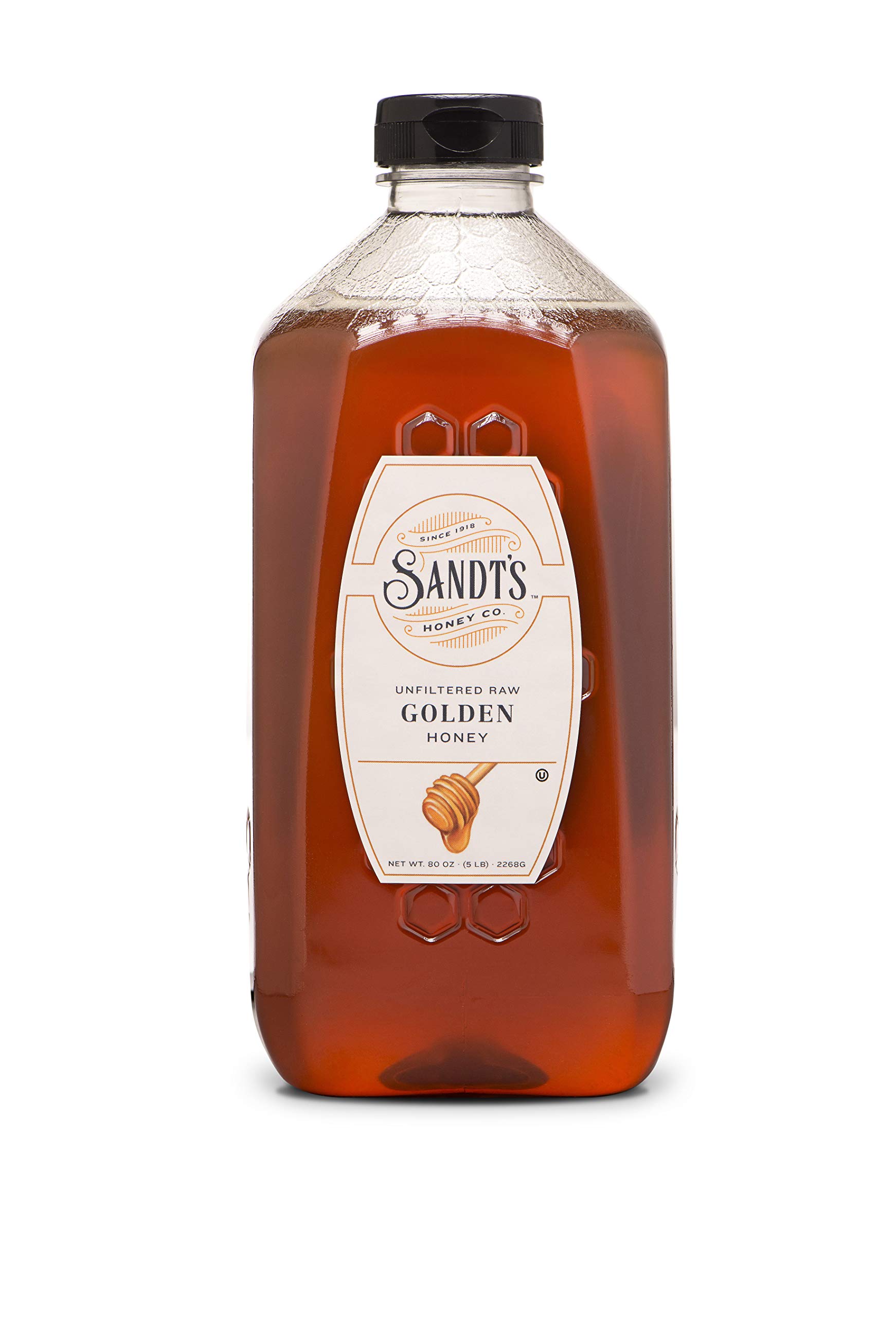 Sandt's Pure Unfiltered Raw Golden Honey - 80 oz (5 lb) Glass Jar - Natural Sweetener for Tea, Baking & Healthy Recipes