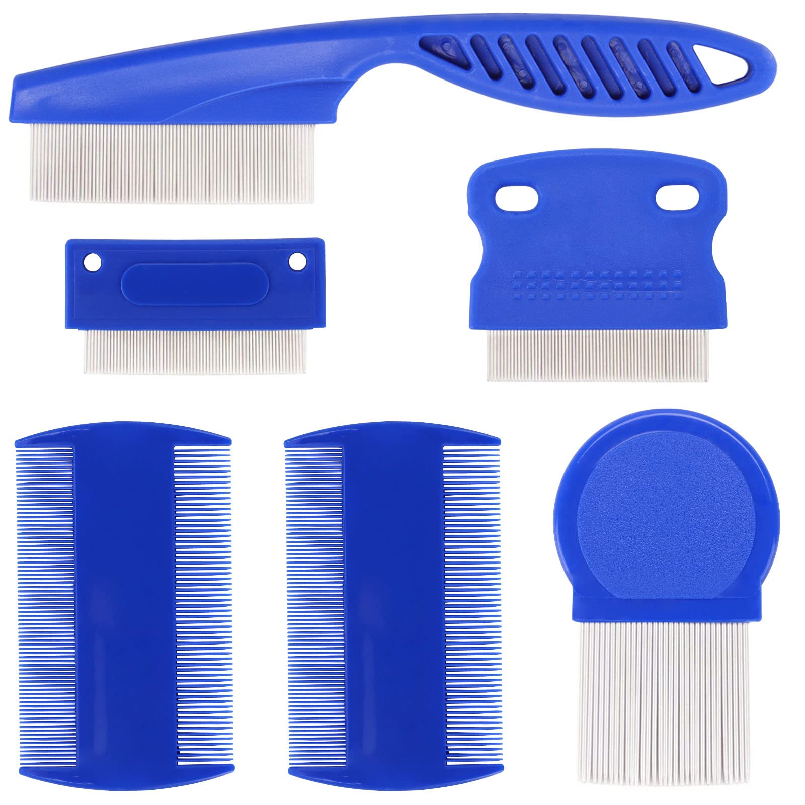 LoveBB 6-Pack Stainless Steel Flea & Lice Combs for Dogs & Cats - Double-Sided Fine Tooth Pet Grooming Comb for Tear Stain Removal & Dematting - Perfect for Home Pet Care & Professional Grooming (Blue)