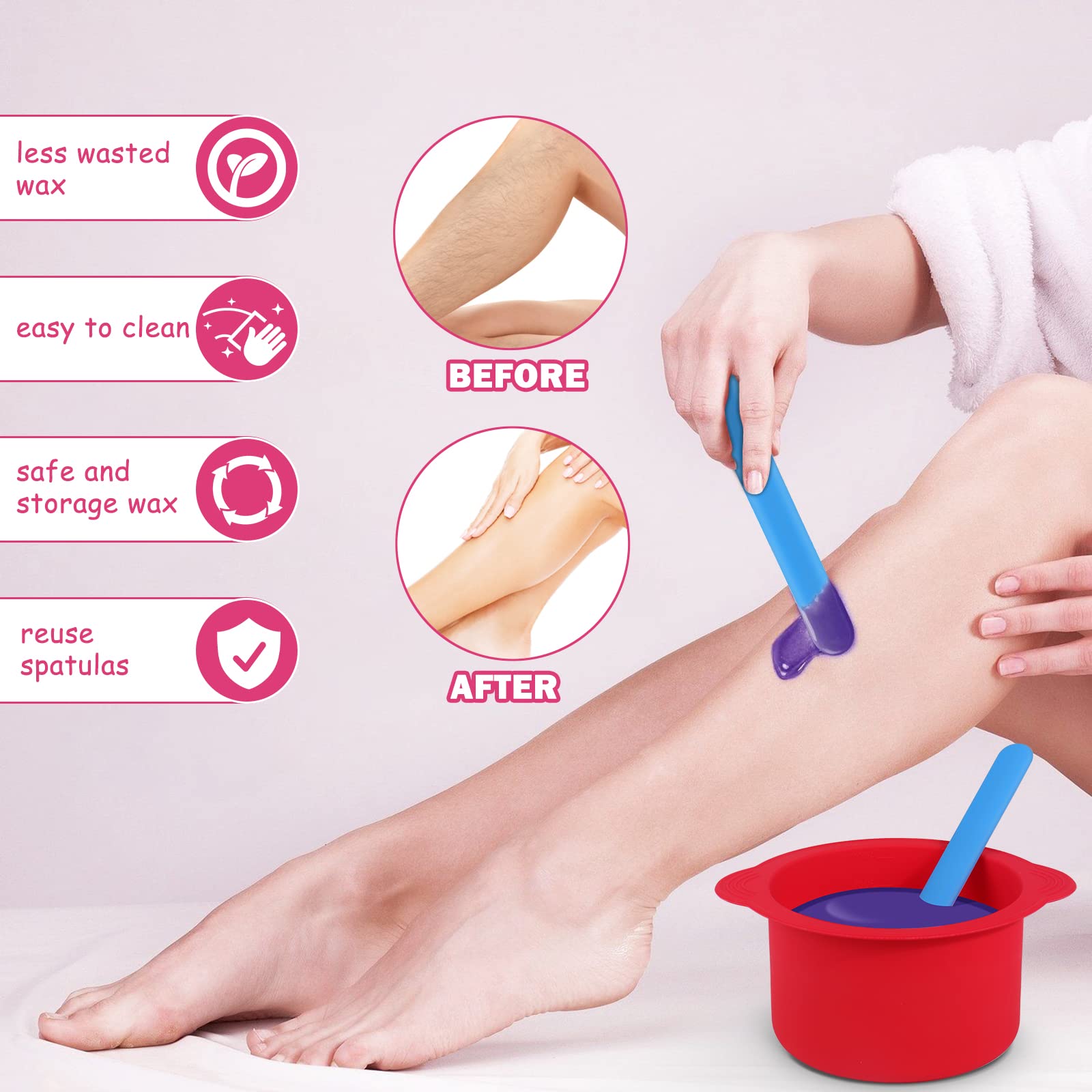 2-Pack Silicone Wax Warmer Liners - Non-Stick Wax Pot Replacement Bowls with 2 Silicone Spatulas for Hair Removal (Blue & Red) | Reusable Wax Melting Accessories for Home Salon & DIY Beauty Treatments
