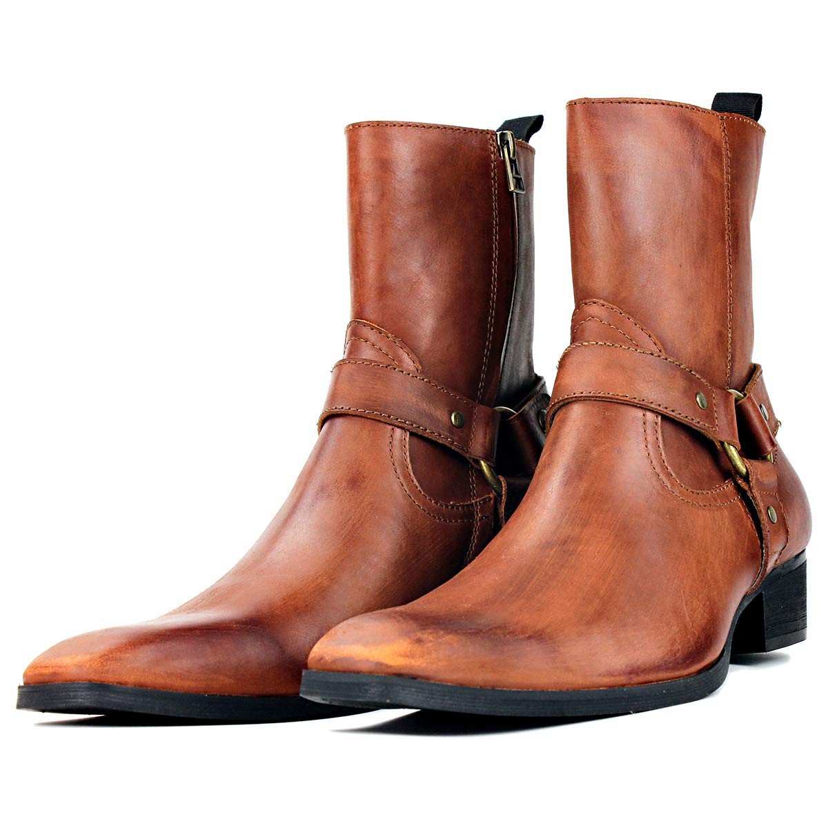 OSSTONE Men's Leather Chelsea Ankle Boots - Side Zipper Chukka Motorcycle Boots with Retro Heel for Casual & Dress Wear (JY017-R) | Perfect for Riding, Office & Night Out
