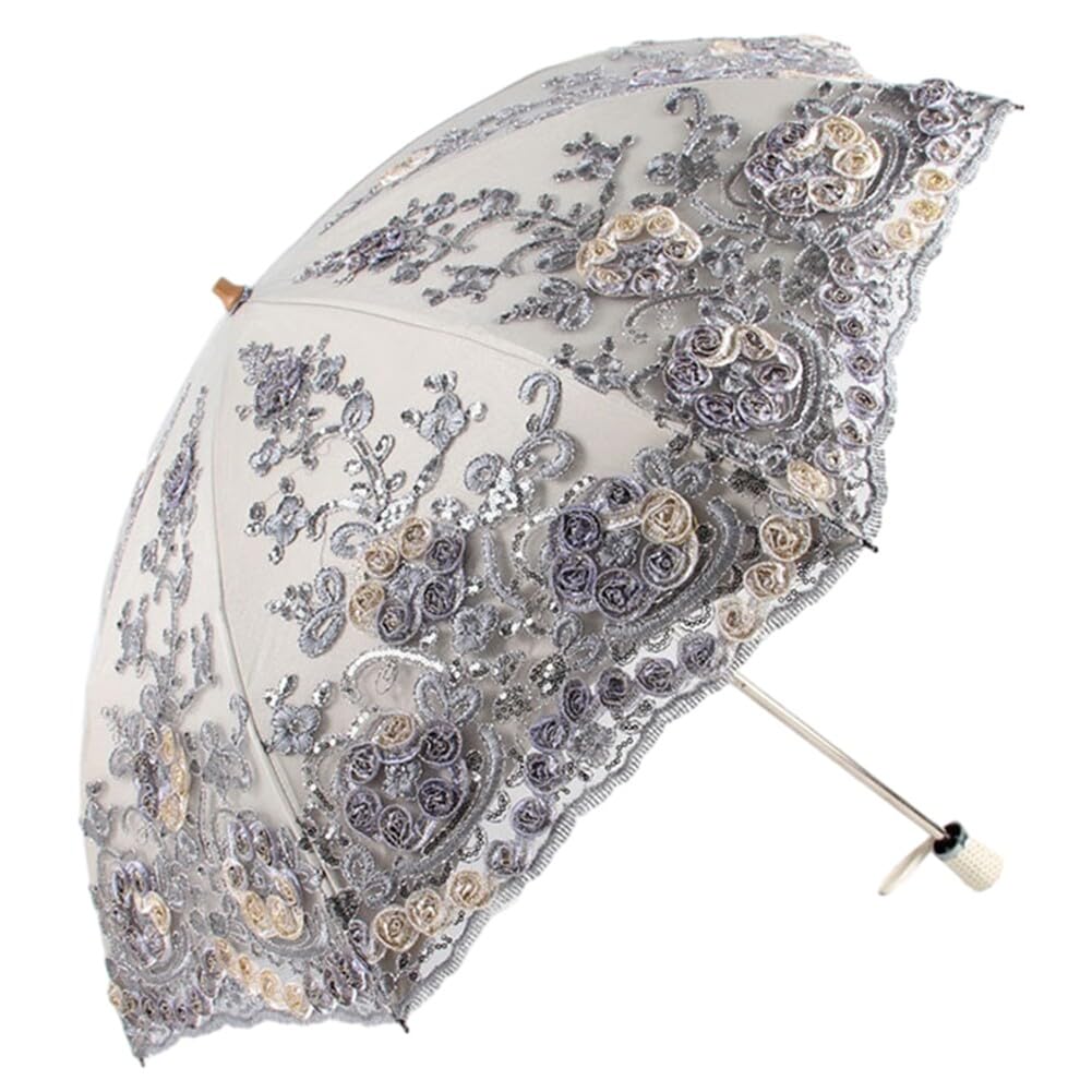 Vintage Lace UV Protection Folding Parasol Umbrella - Floral Embroidery Sun Shade for Wedding, Bridal Party, Outdoor Photo Shoot & Beach Use