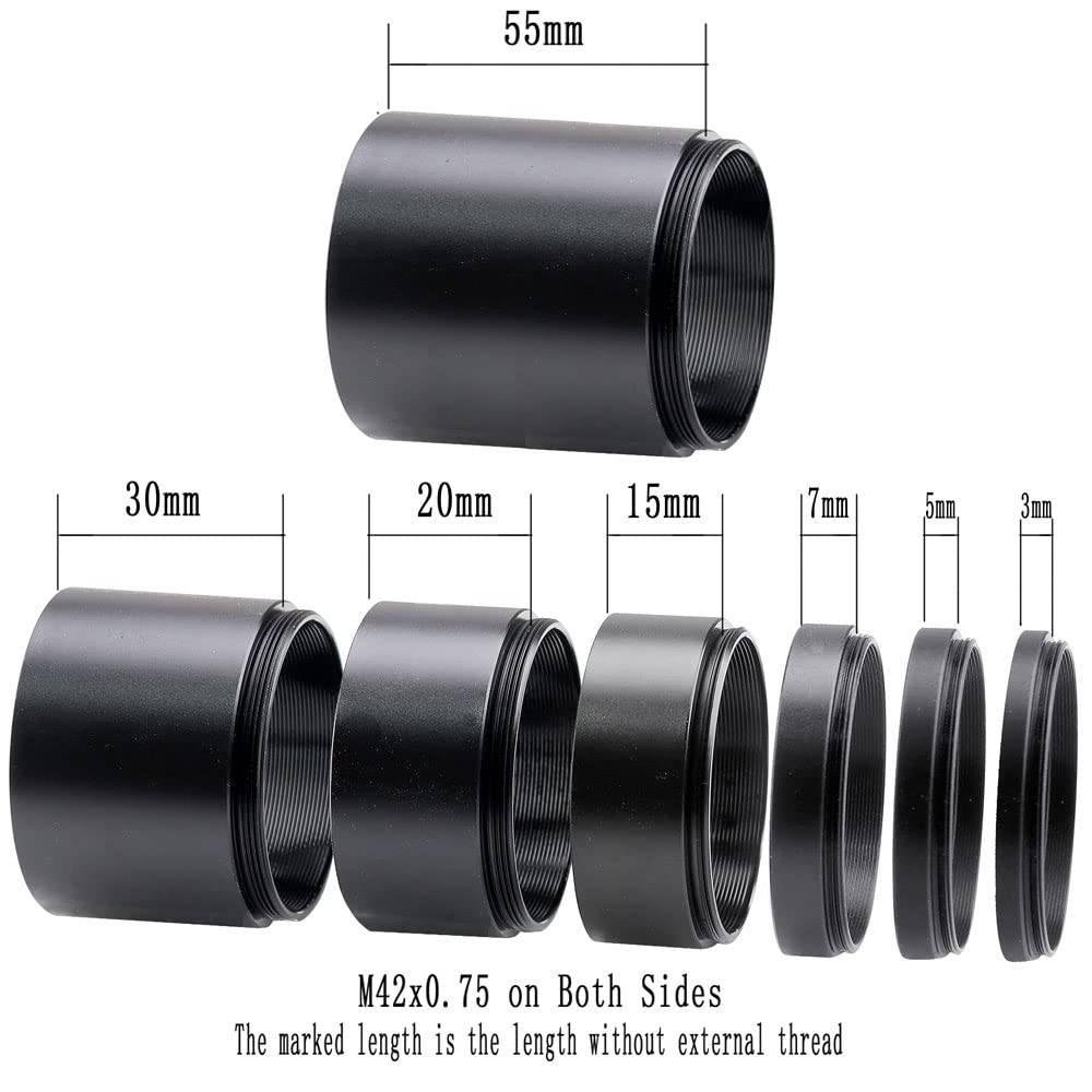Starboosa Telescope T2-Extension Tube Kit for SLR Cameras & Eyepieces - 7 Sizes (3mm,5mm,7mm,15mm,20mm,30mm,55mm) - M42x0.75 Thread Both Sides - Enhanced Compatibility for Astrophotography & Macro Photography