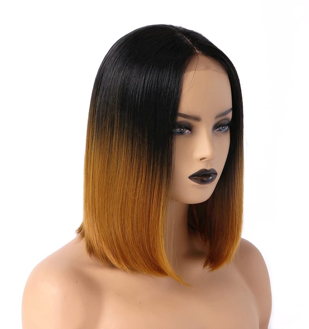 VSAKSH Short Bob Wigs for Women - Brown Ombre Blonde Synthetic Straight Hair with Matte Finish & Middle Part | Perfect for Cosplay, Daily Wear & Fashion Styling