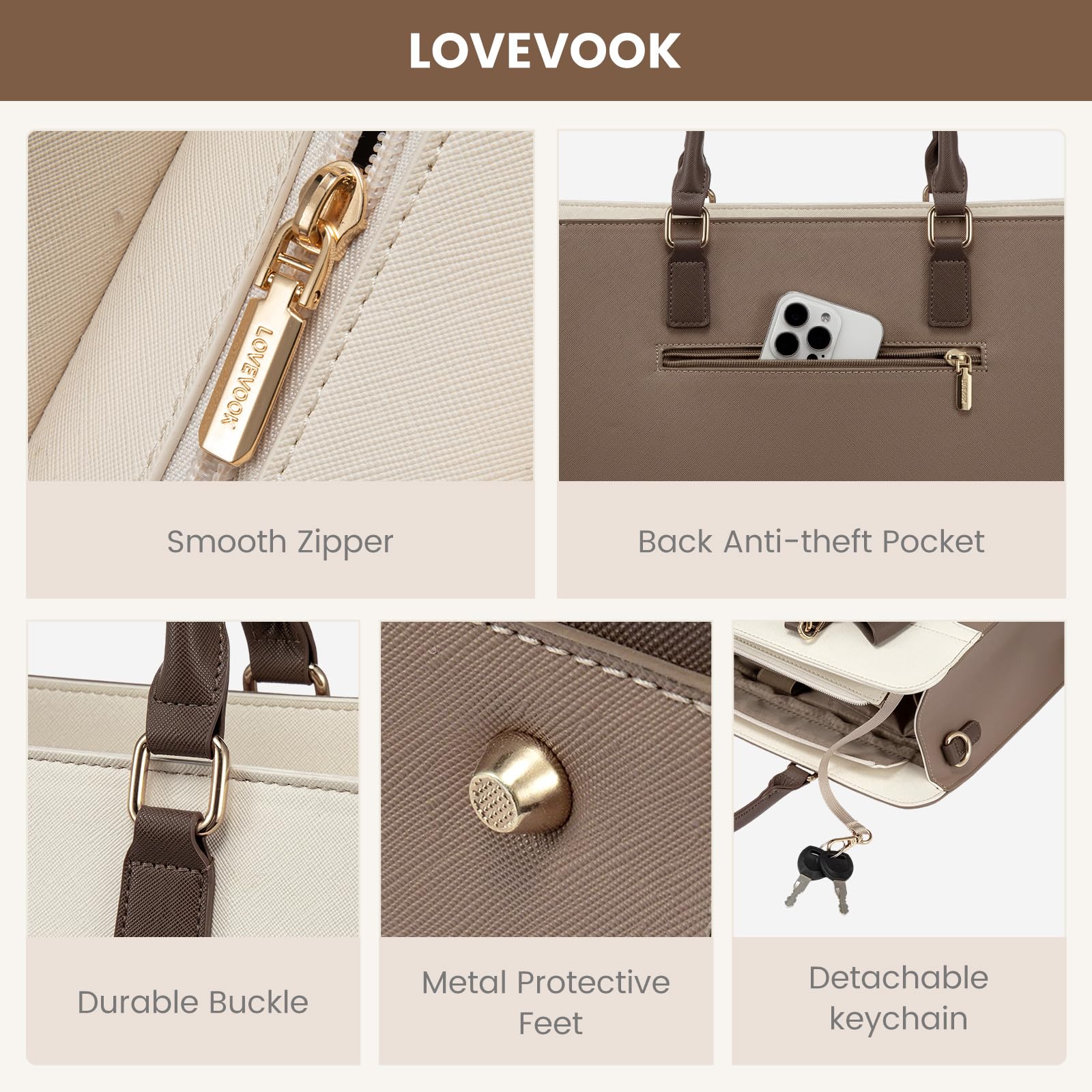 LOVEVOOK Leather Laptop Tote Bag for Women - Waterproof 15.6 Inch Business Work Bag, Professional Teacher Briefcase & Office Handbag Purse - Perfect for Work, Travel & Daily Commute