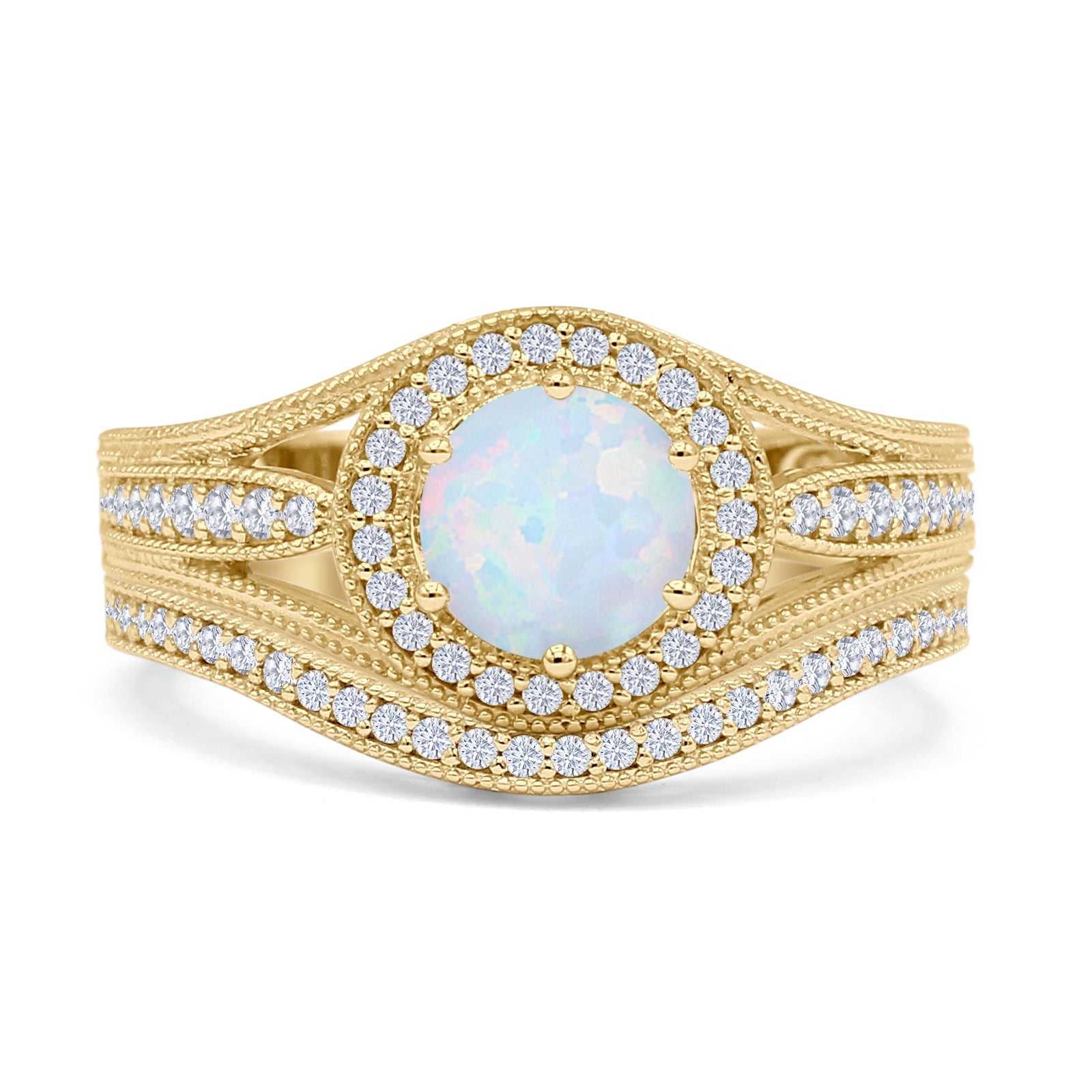 14K Yellow Gold Two Piece Round Halo Split Shank Curved Contour Band Lab-Created White Opal Ring for Women | Elegant Wedding, Engagement & Anniversary Jewelry Gift