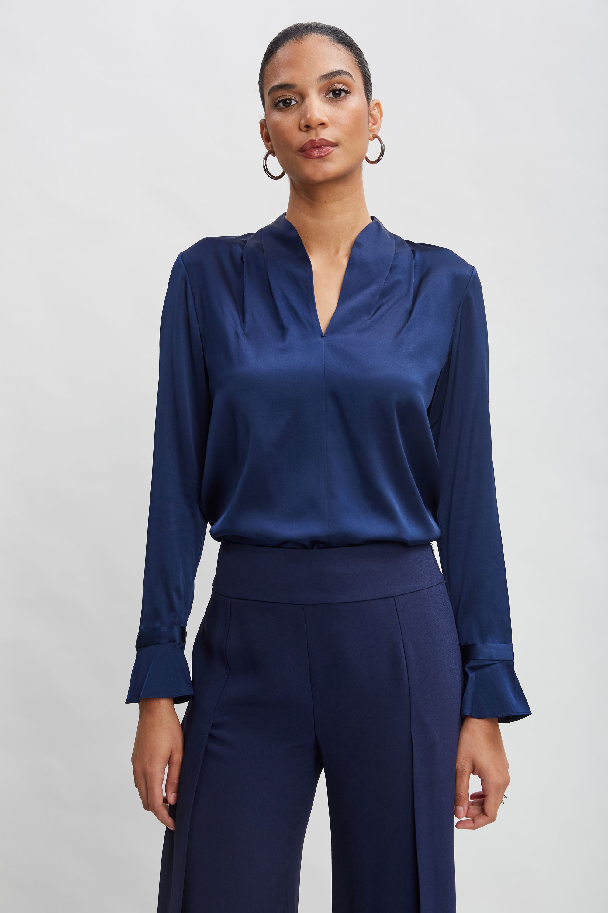 Silk Satin Blouse with Contour Neckline & Ruffle Cuffs - Elegant Women's Fashion Top for Office, Party & Special Occasions