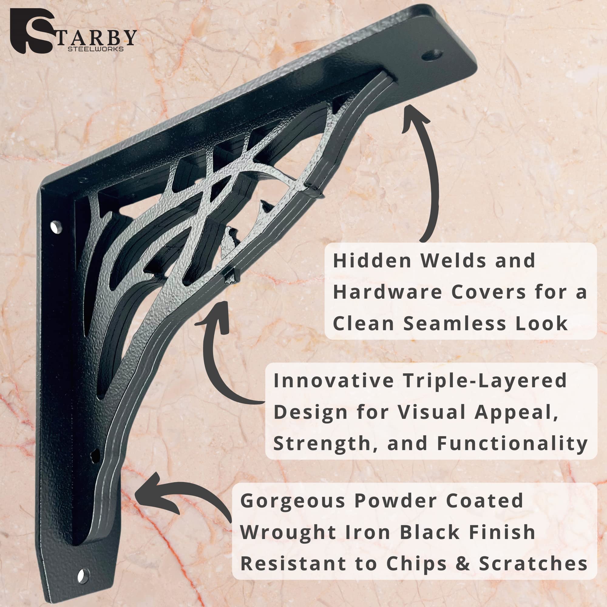 Starby Angel Oak Heavy Duty Shelf Bracket Kit - 10x10 Inch Metal Shelving Brackets (Set of 2) - Decorative Countertop Corbel & Mantel Support with Cast Iron Finish - Perfect for Kitchen Shelves, Bookshelves & Wall Mounting