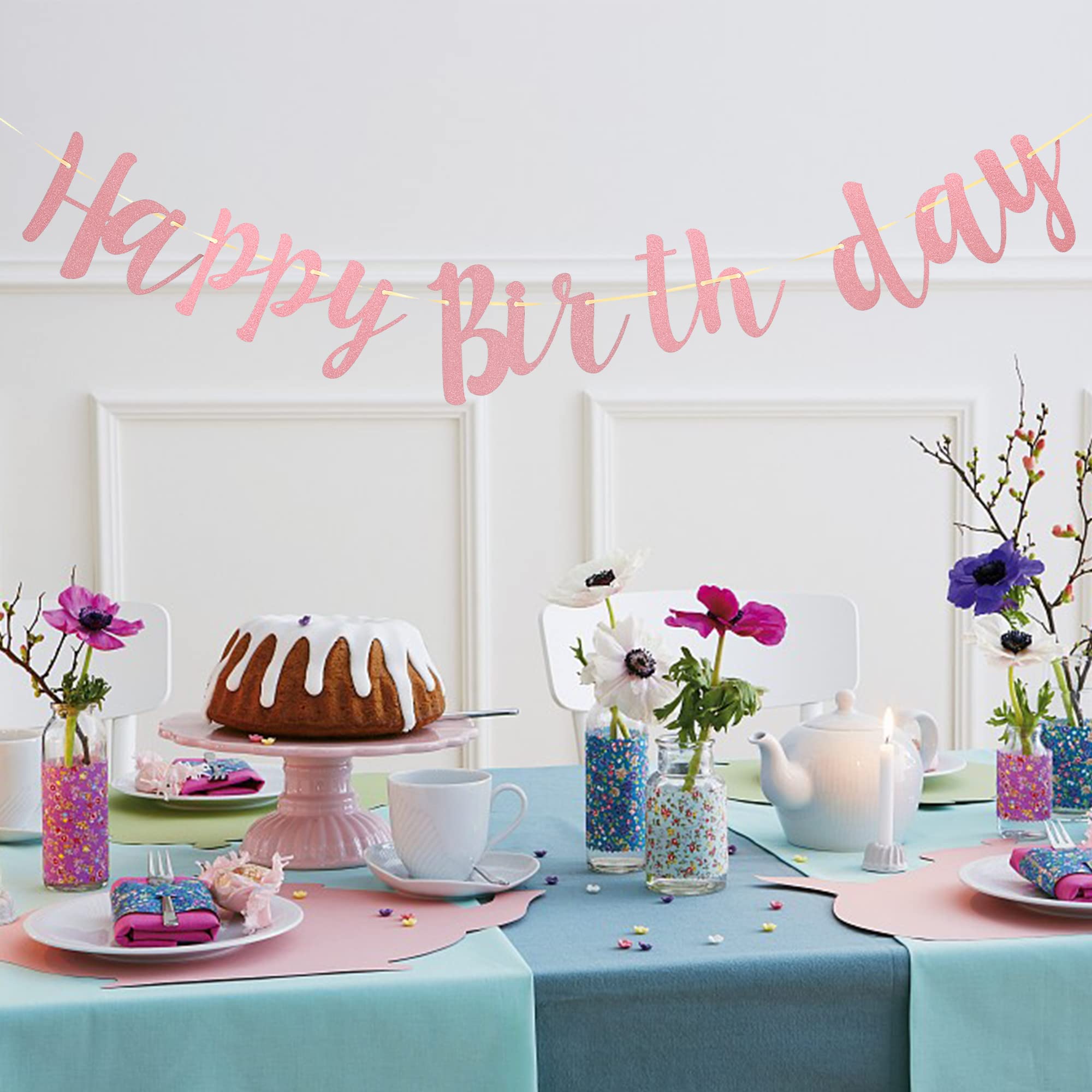 Rose Gold Glitter Happy Birthday Banner Garland - Party Decorations & Supplies for Birthday Celebrations, Baby Showers, Weddings & Special Events