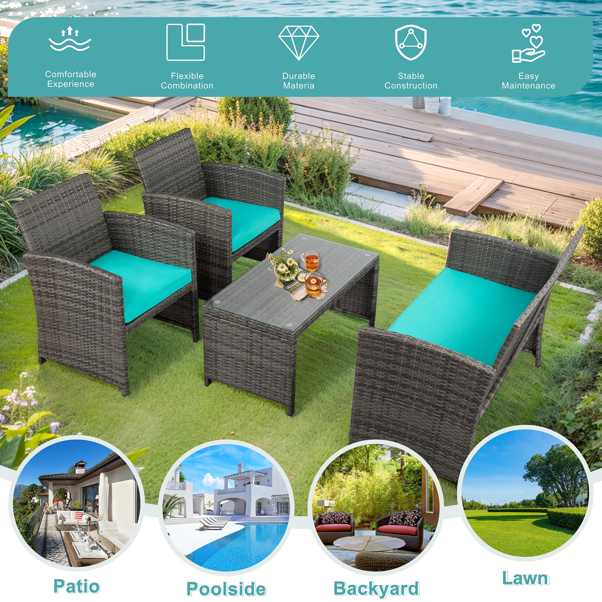 **SUNLEI 4-Piece Outdoor Patio Furniture Set - Rattan Wicker Chairs with Glass Table & Sky Blue Cushions - Grey Conversation Set for Backyard, Porch, Garden, Poolside (Indoor & Outdoor Use)**