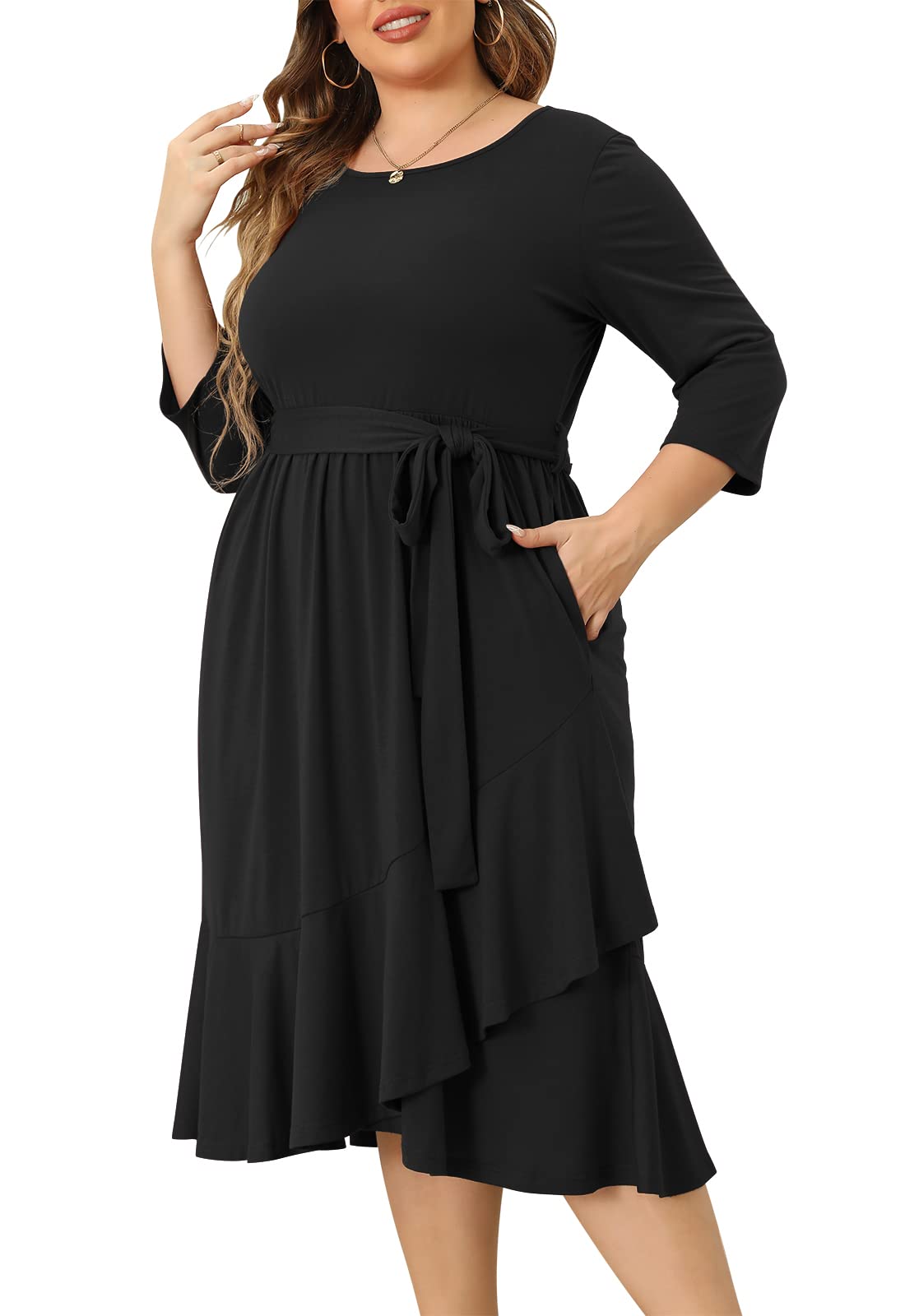 Plus Size Women's Spring Floral Empire Waist Midi Cocktail Dress with Pockets - Short Sleeve Party Dress for Holiday, Wedding, Bridal Shower & Special Occasions