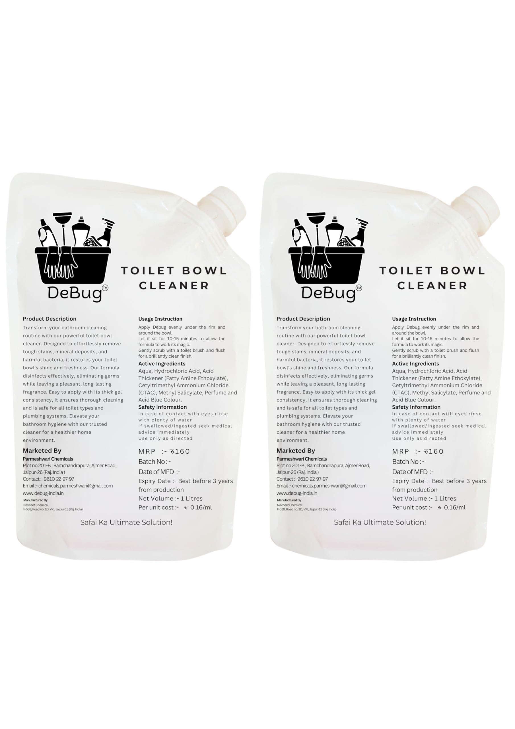 Debug Toilet Bowl Cleaner Refill Pack - 2 x 1L (2-Pack) | Antibacterial Toilet Cleaning Liquid for Deep Stain Removal | Perfect for Home, Hotel & Public Restroom Sanitation
