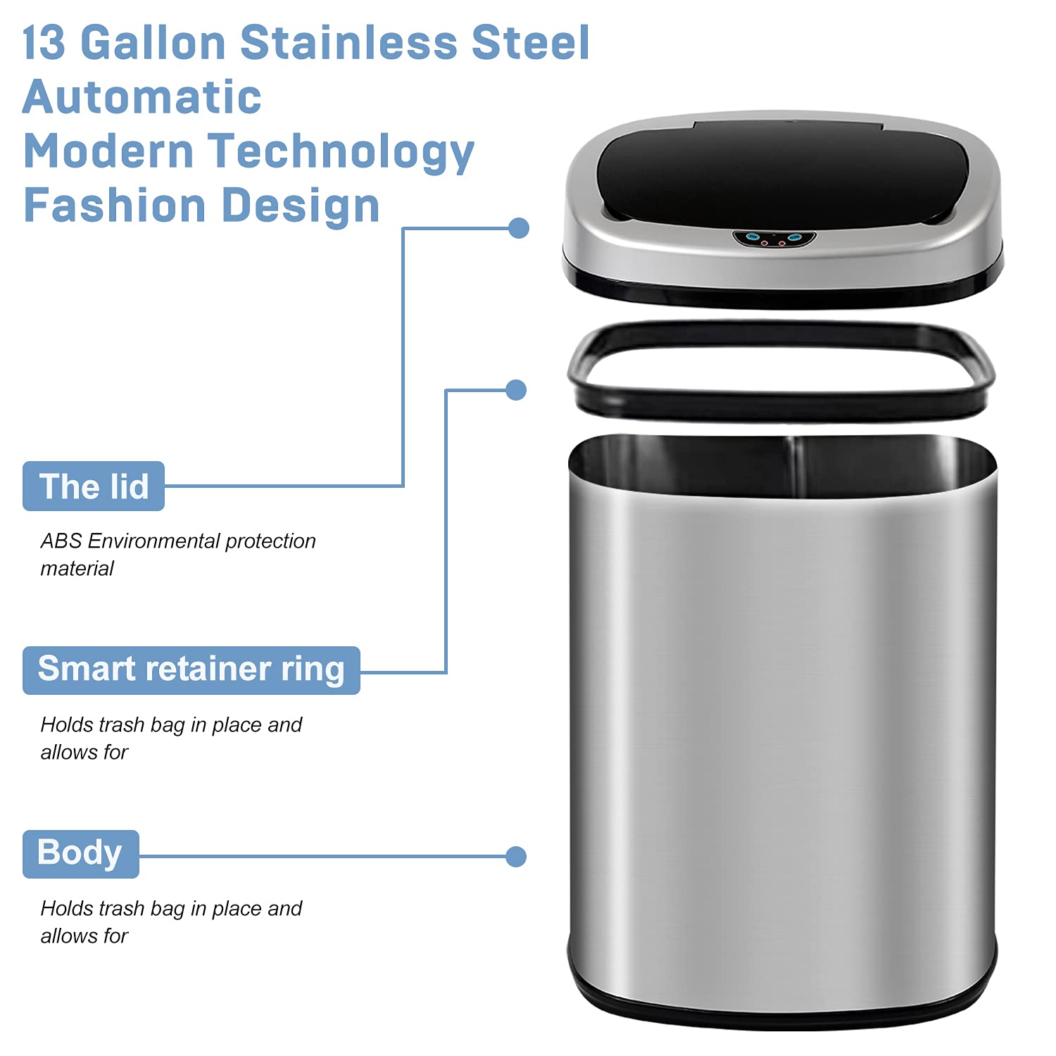 13 Gallon Automatic Touchless Stainless Steel Trash Can - Motion Sensor Smart Kitchen Garbage Bin with Lid, Hands-Free Auto Open/Close Waste Bin for Office, Bedroom, Bathroom (Silver) | Perfect for Modern Homes & Commercial Spaces