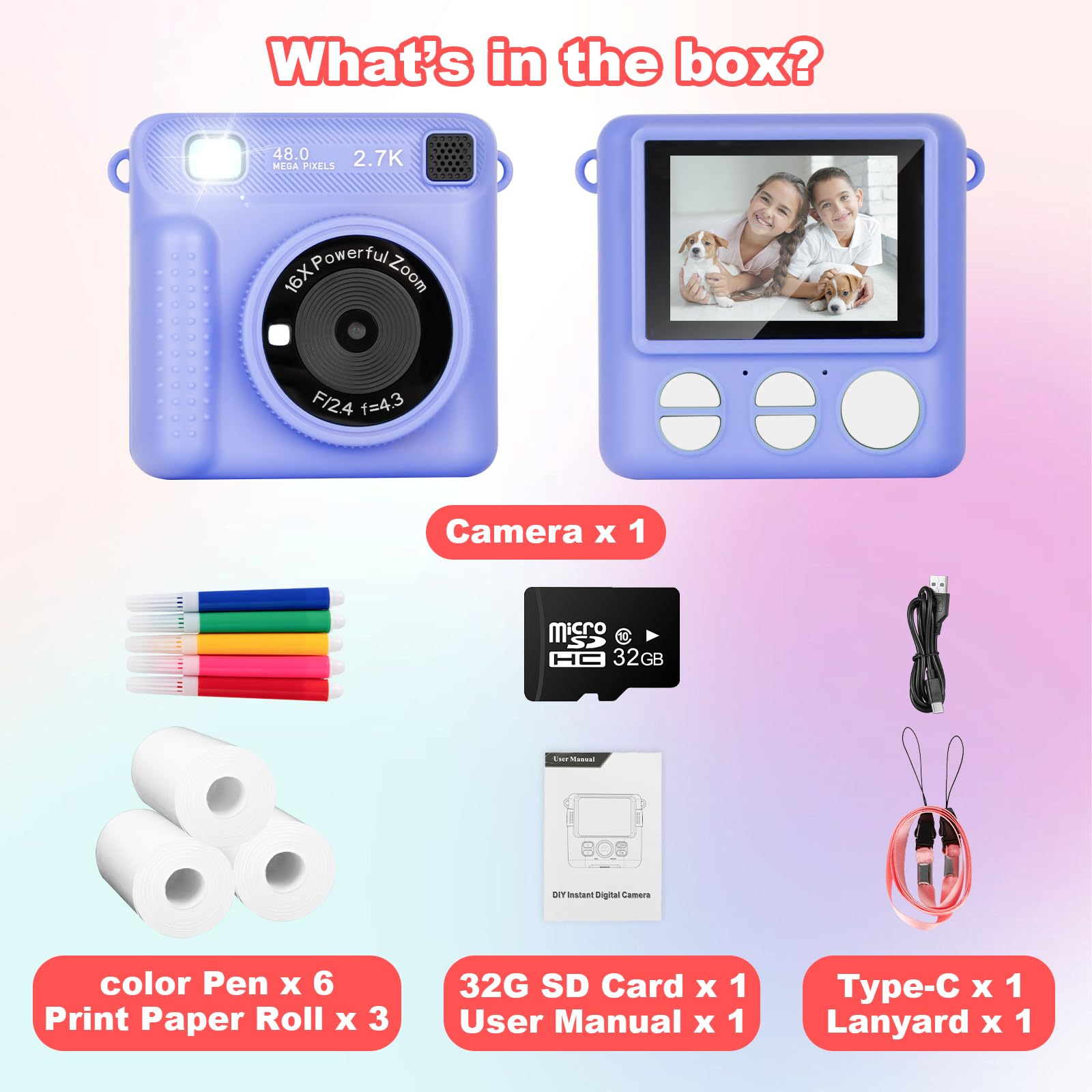 Niaazi Kids Polaroid Camera - Instant Print Digital Camera with 1080P HD Video, Photo Paper & 32GB SD Card | Best Birthday Gift for Boys & Girls Ages 3-9 | Purple | Perfect for Parties, Travel & Creative Photography