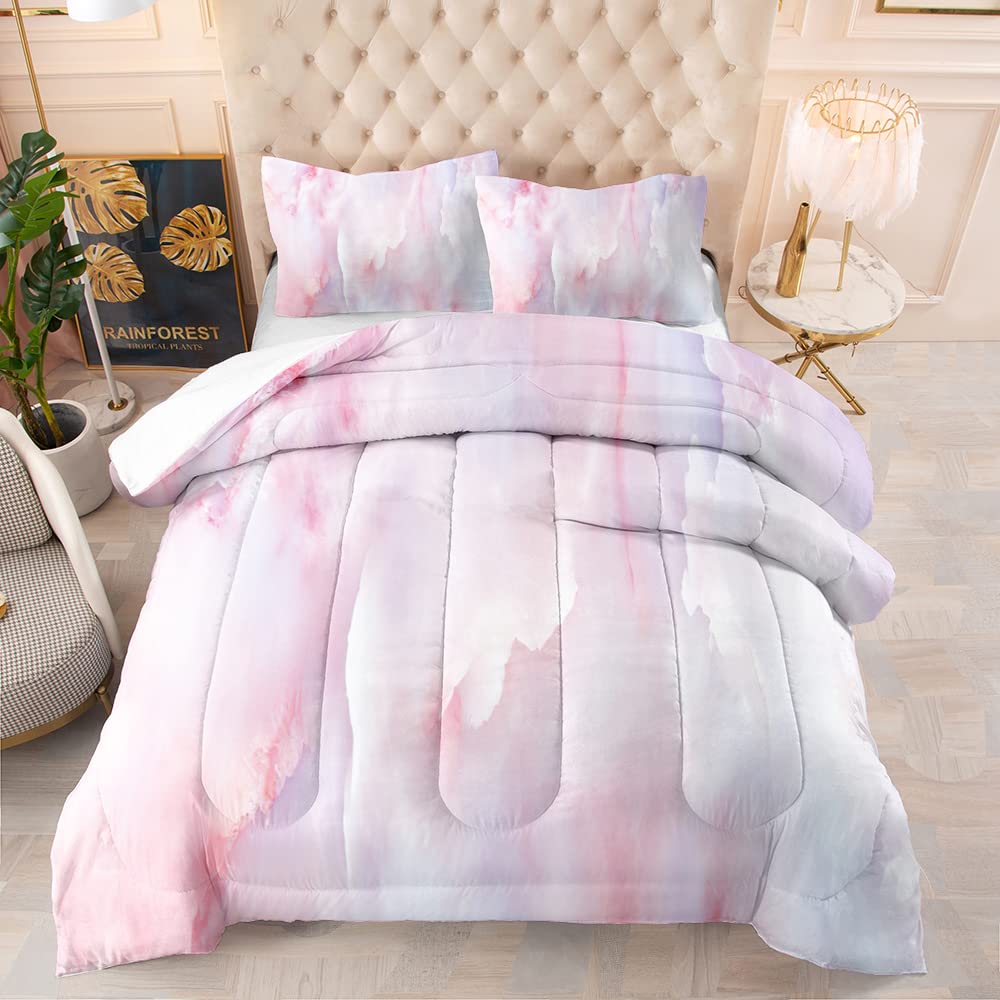 TiuZelf Marble Pattern Comforter Set - Twin Size Light Pink Agate Stone Design, 3 Piece Bedding Set with 1 Comforter & 2 Pillowcases, Lightweight Warm Soft All Season Duvet Cover for Girls Bedroom, Guest Room & Dorm Decor